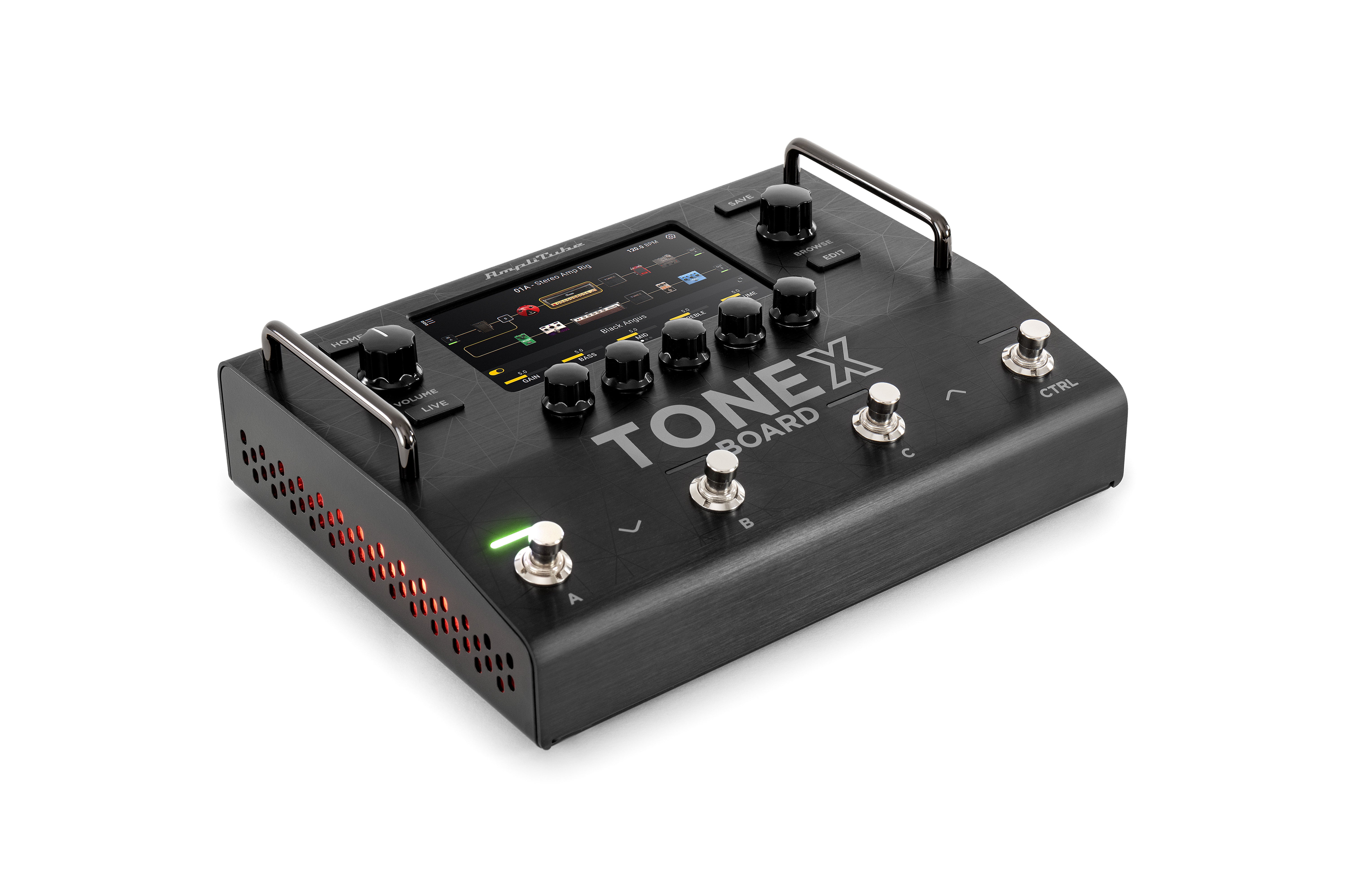 Black effects pedal labeled TONEX BOARD with a color screen, multiple knobs, four footswitches, side vents, and two metal handles.