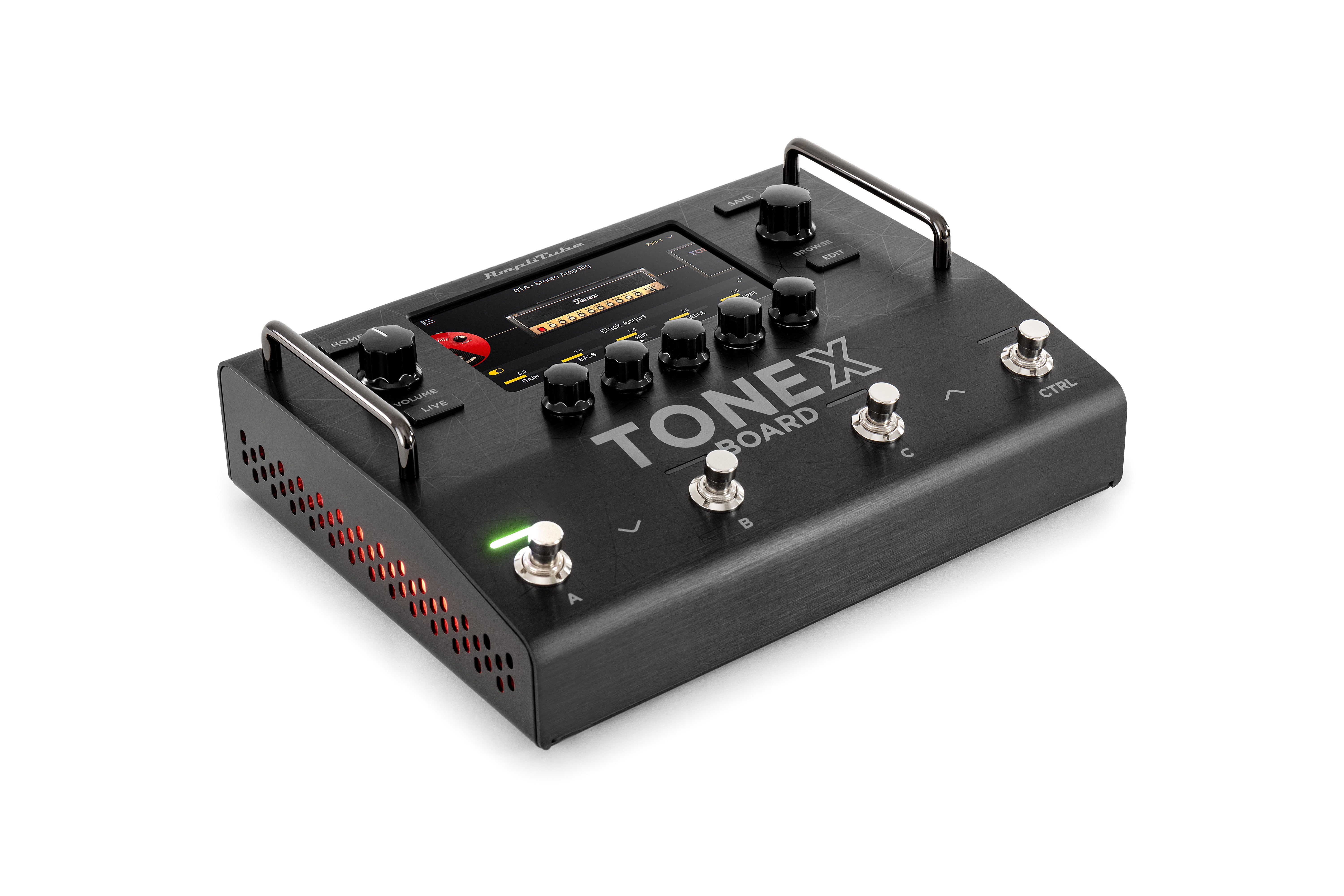 Black TONE X effects pedal with screen, five knobs, four footswitches, two handles, and vented sides with small red lights.