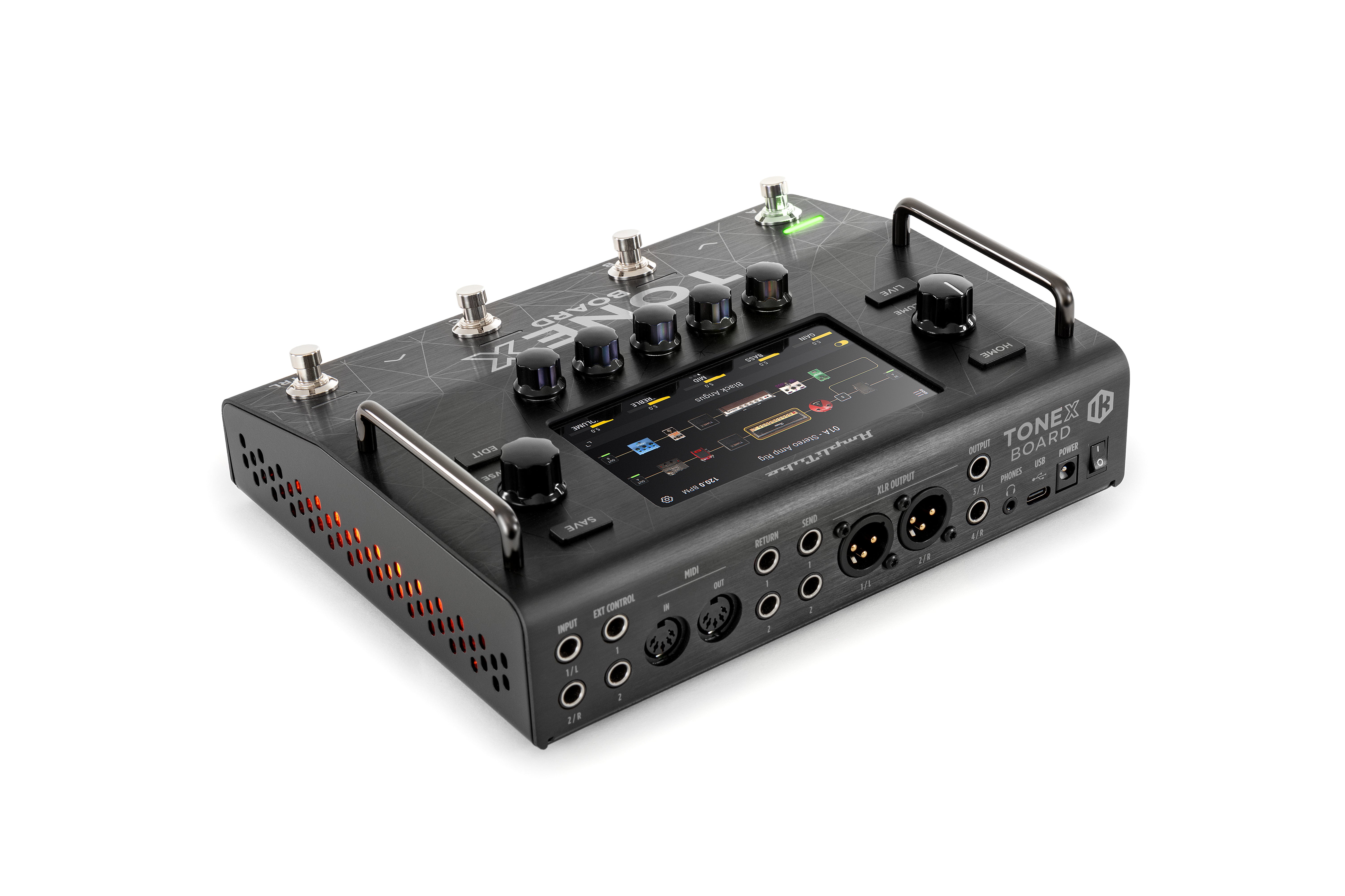 Black effects pedal with four footswitches, multiple knobs, a large color display screen, input/output jacks, and metal side rails for protection.