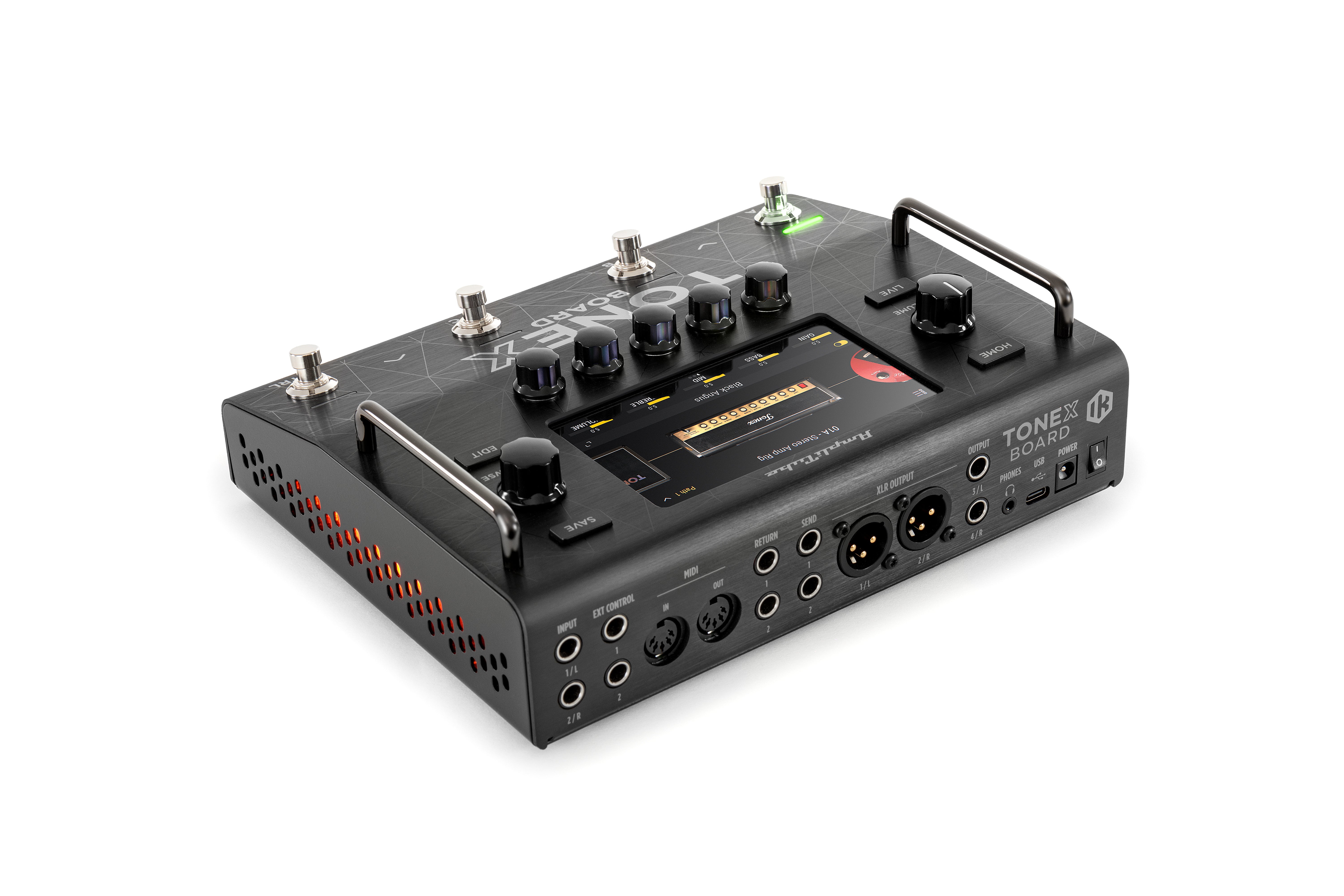 Black effects pedal with knobs, footswitches, a central display screen, side vent holes, multiple input/output ports, and two metal handle bars.