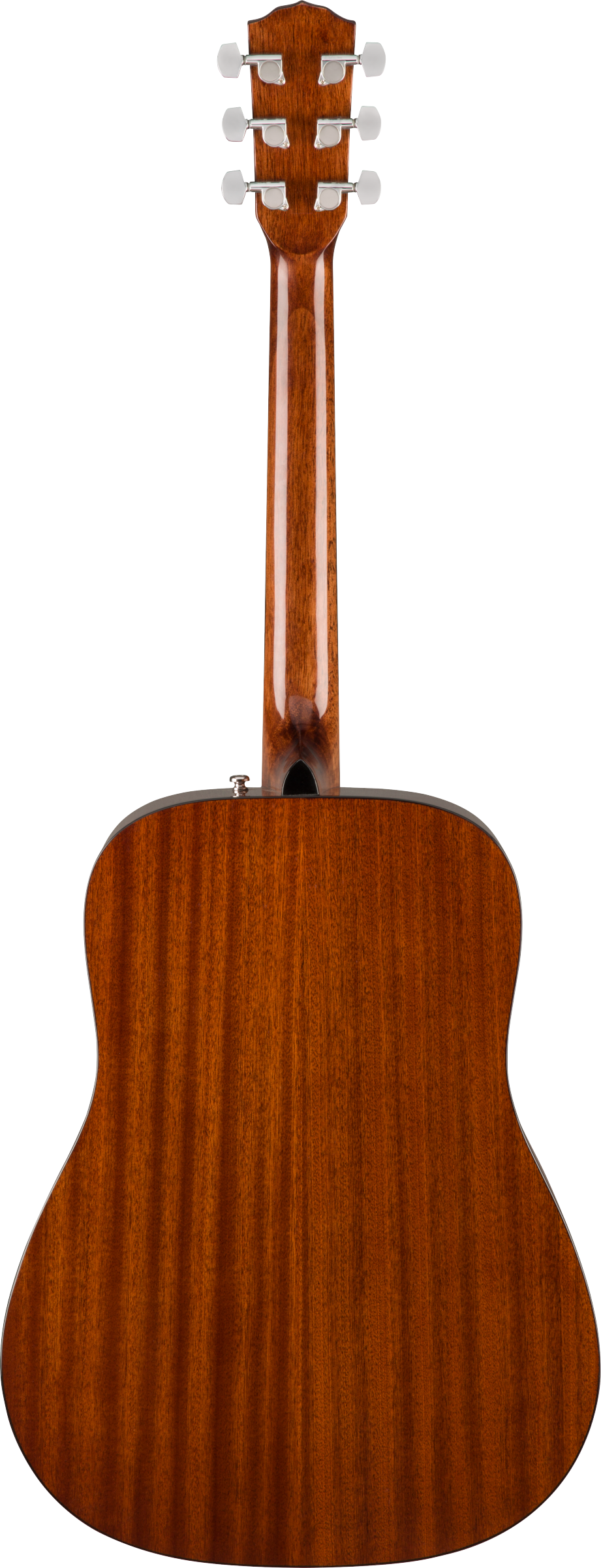 Back view of an acoustic guitar showing rich brown wood grain, six metal tuning pegs, and a glossy finish on the neck and body.