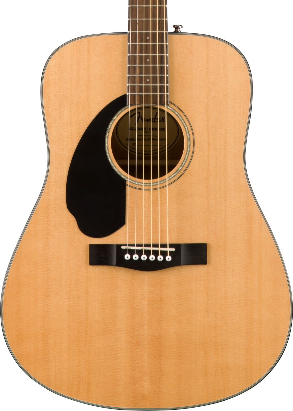 Natural wood finish acoustic guitar with six strings, black pickguard on the left side of the sound hole, and white bridge pins.