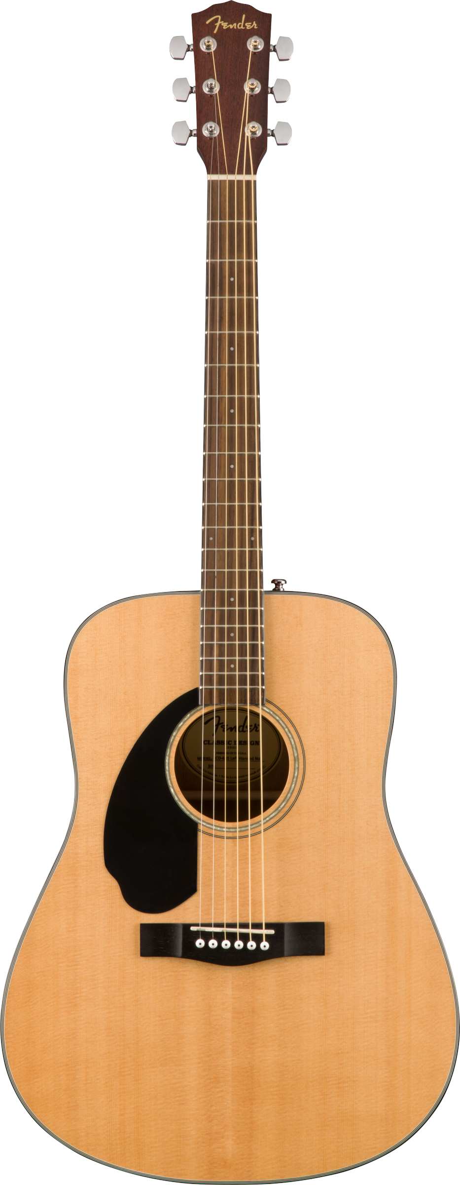 Fender acoustic guitar with a natural wood body, black pickguard, six strings, and a dark wood fretboard with dot inlays.