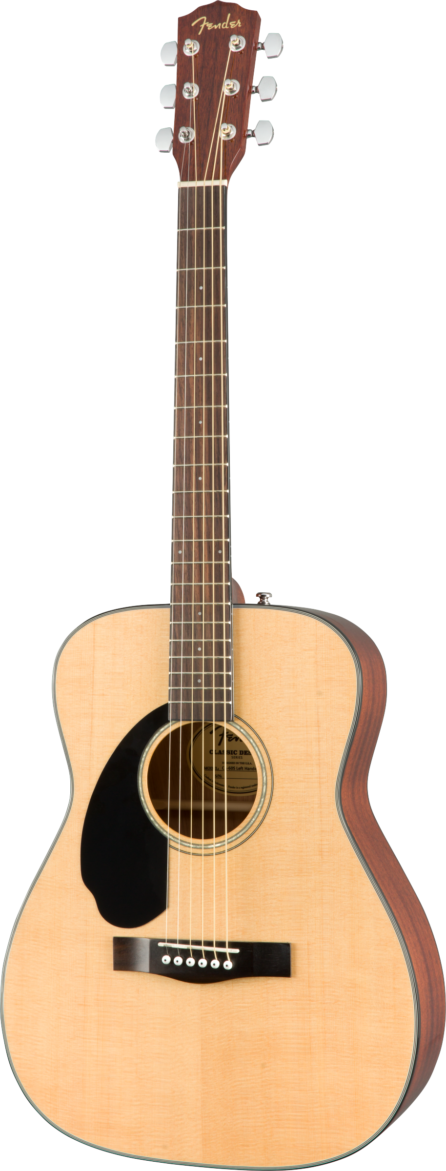 Six-string acoustic guitar with a light wood top, dark pickguard, and dark wood sides and neck; “Fender” logo on the headstock.