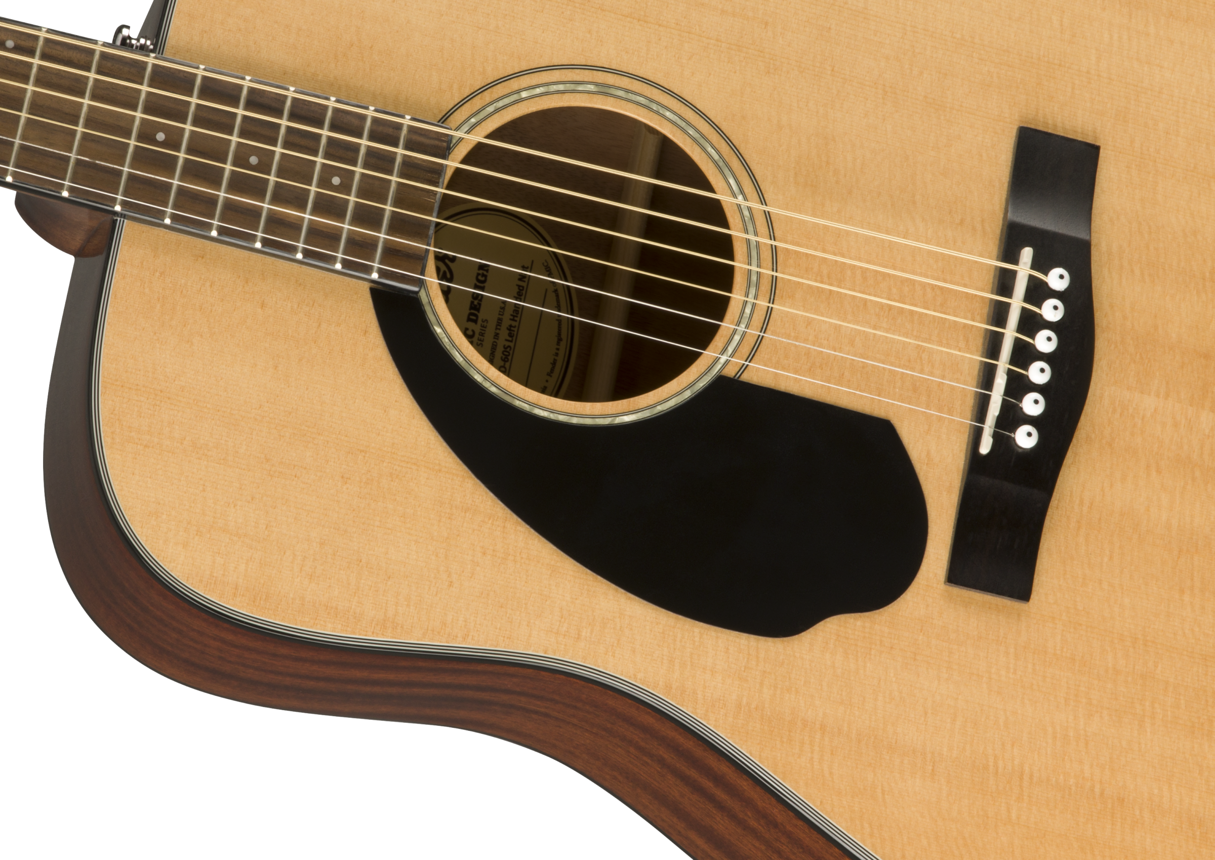 Light wood acoustic guitar body with a black pickguard, six strings, and white bridge pins; dark wood sides with a glossy finish.