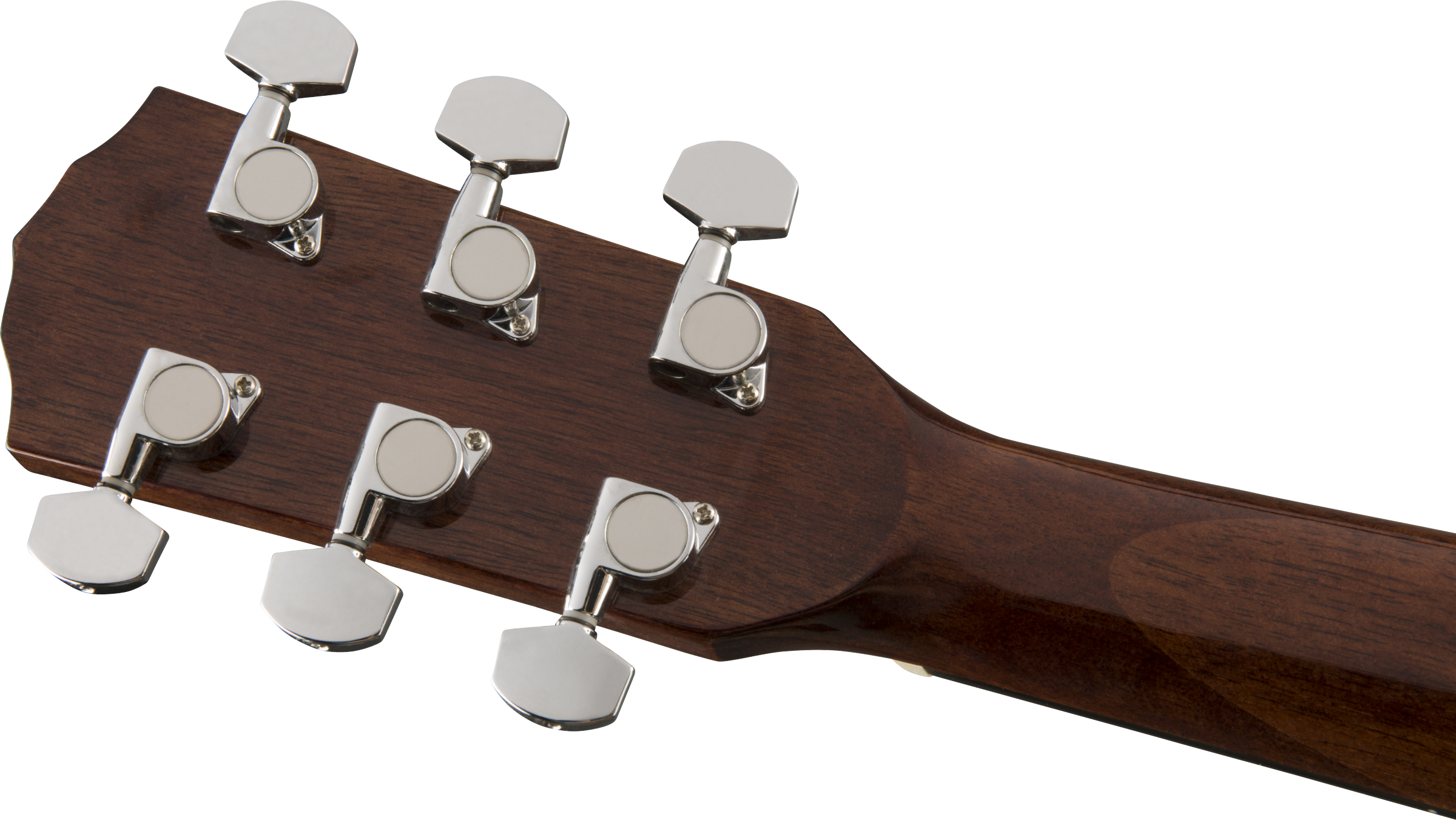 Six chrome tuning pegs mounted on the dark wood headstock of an acoustic guitar, viewed from the back.