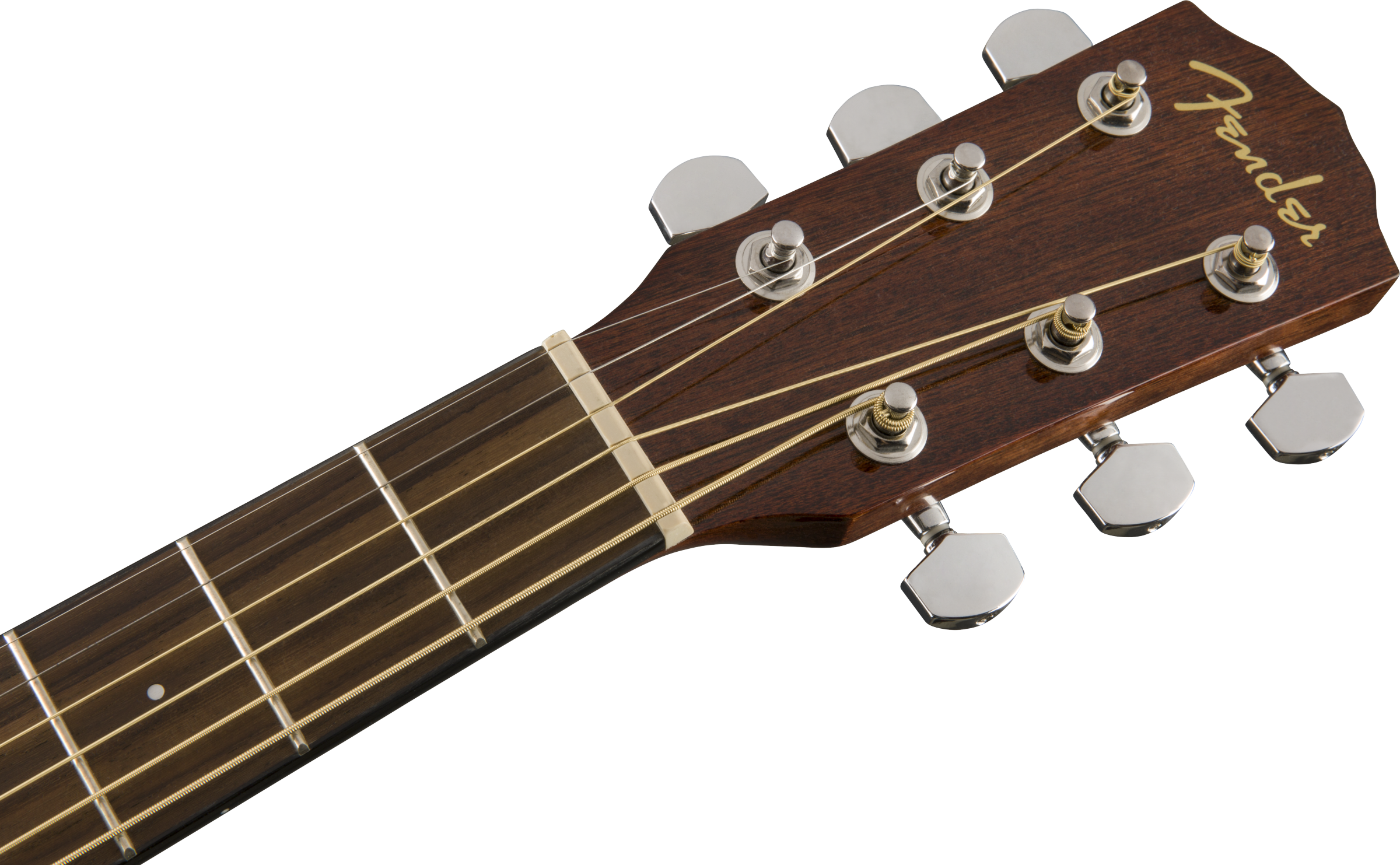 Close-up of an acoustic guitar headstock showing six silver tuning pegs, gold Fender logo, and strings over a dark wood finish.
