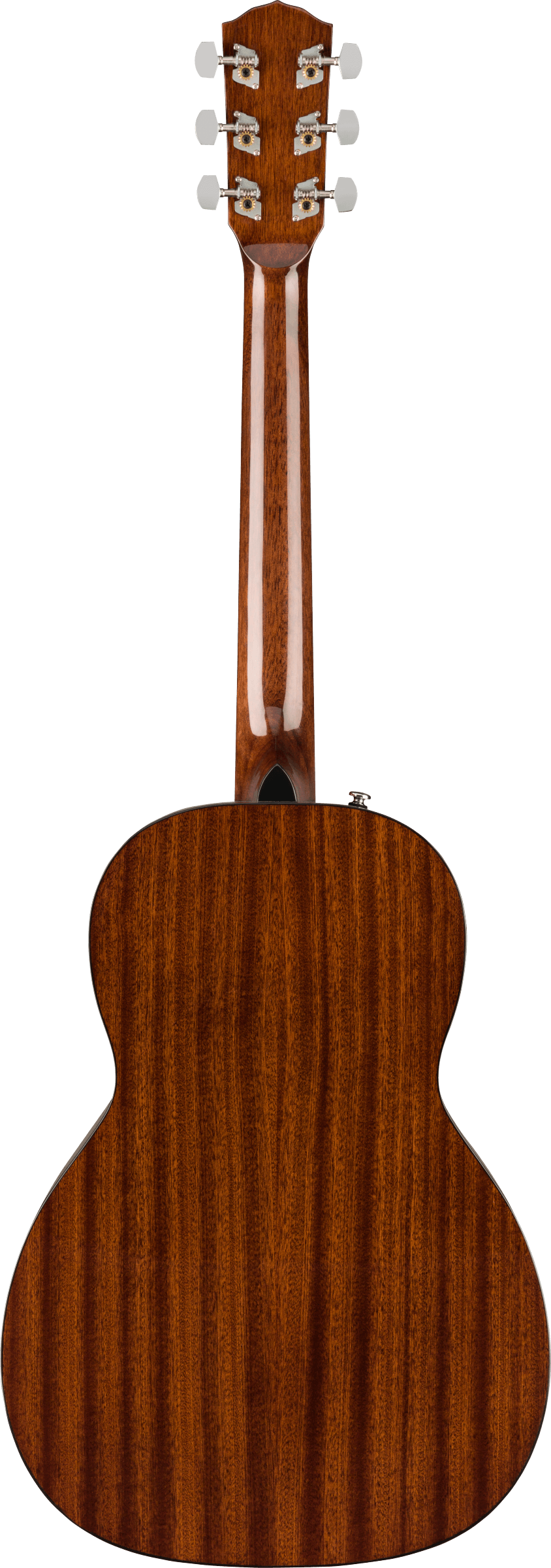 Guitare acoustique vue de dos, bois brun à fines rayures verticales, six mécaniques argentées sur la tête, manche large avec deux bandes claires.