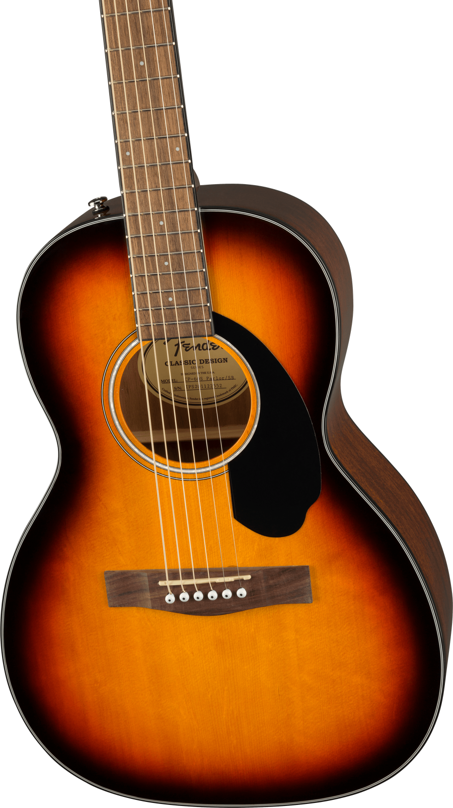 Guitare acoustique folk, finition sunburst orange et marron, pickguard noir, six cordes, rosace ronde, chevalet en bois foncé.