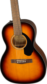 Fender acoustic guitar with a sunburst finish, dark edges, six strings, black pickguard, and circular sound hole with label inside.