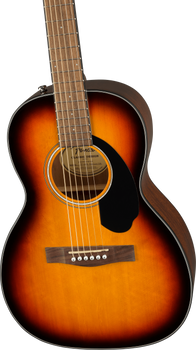 Guitare acoustique folk, finition sunburst orange et marron, pickguard noir, six cordes, rosace ronde, chevalet en bois foncé.