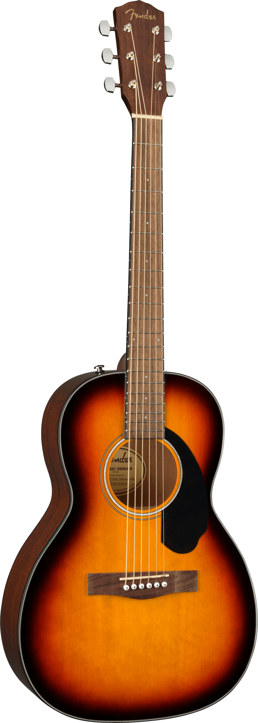 Guitare acoustique à six cordes, finition sunburst dégradée du jaune au marron, pickguard noir, tête en bois foncé avec logo Fender doré.