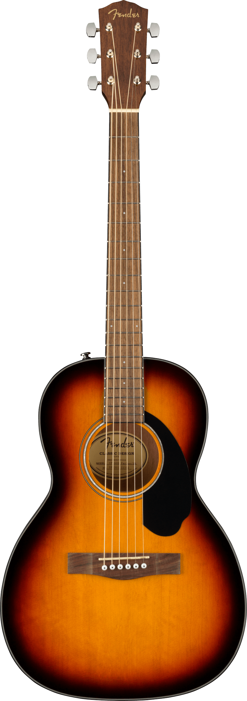 Guitare acoustique Fender au corps couleur sunburst dégradé orange et marron, pickguard noir, six cordes, touche et tête en bois sombre.