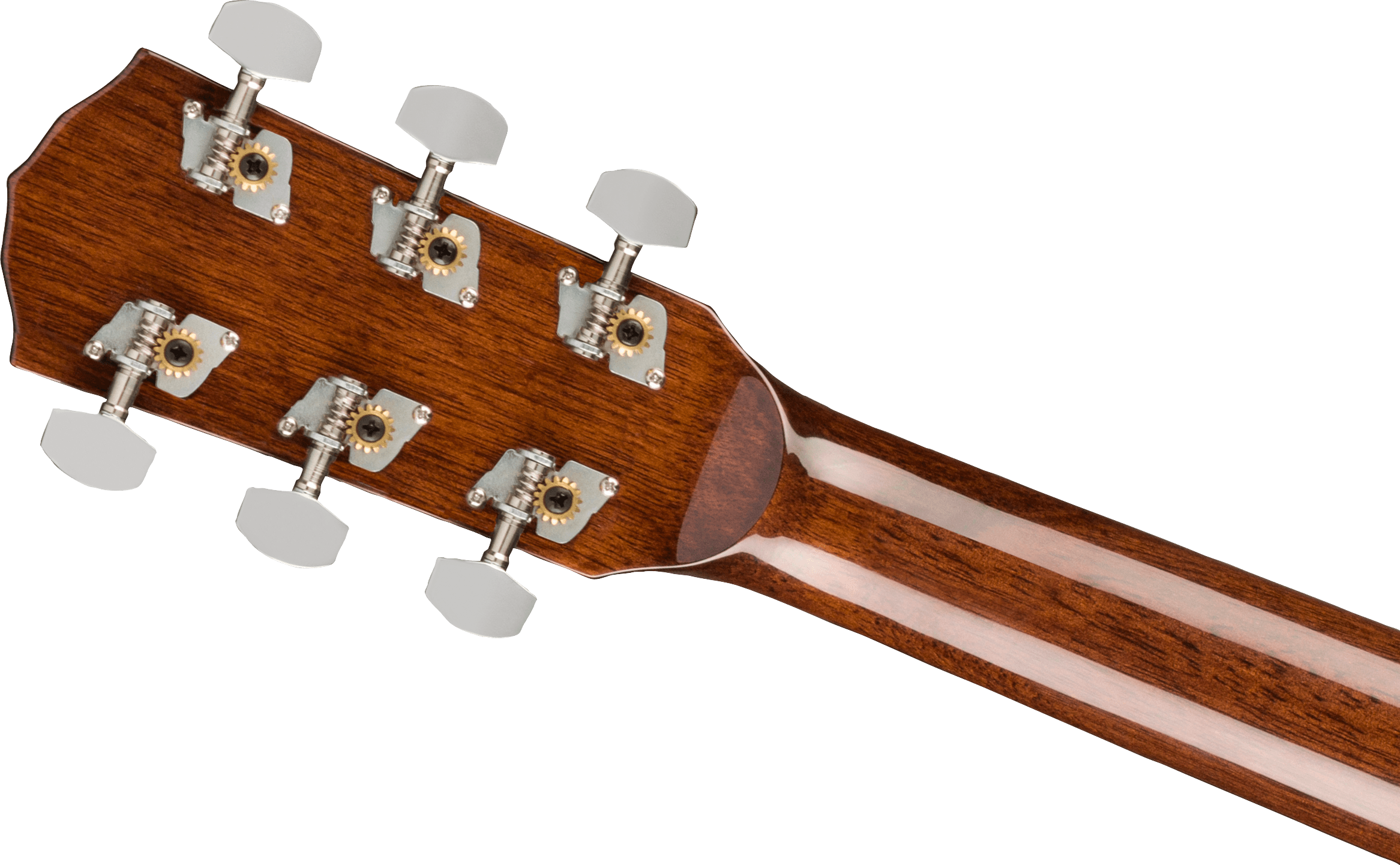 Manche de guitare acoustique en bois marron avec six mécaniques chromées et boutons de réglage ovales blancs.