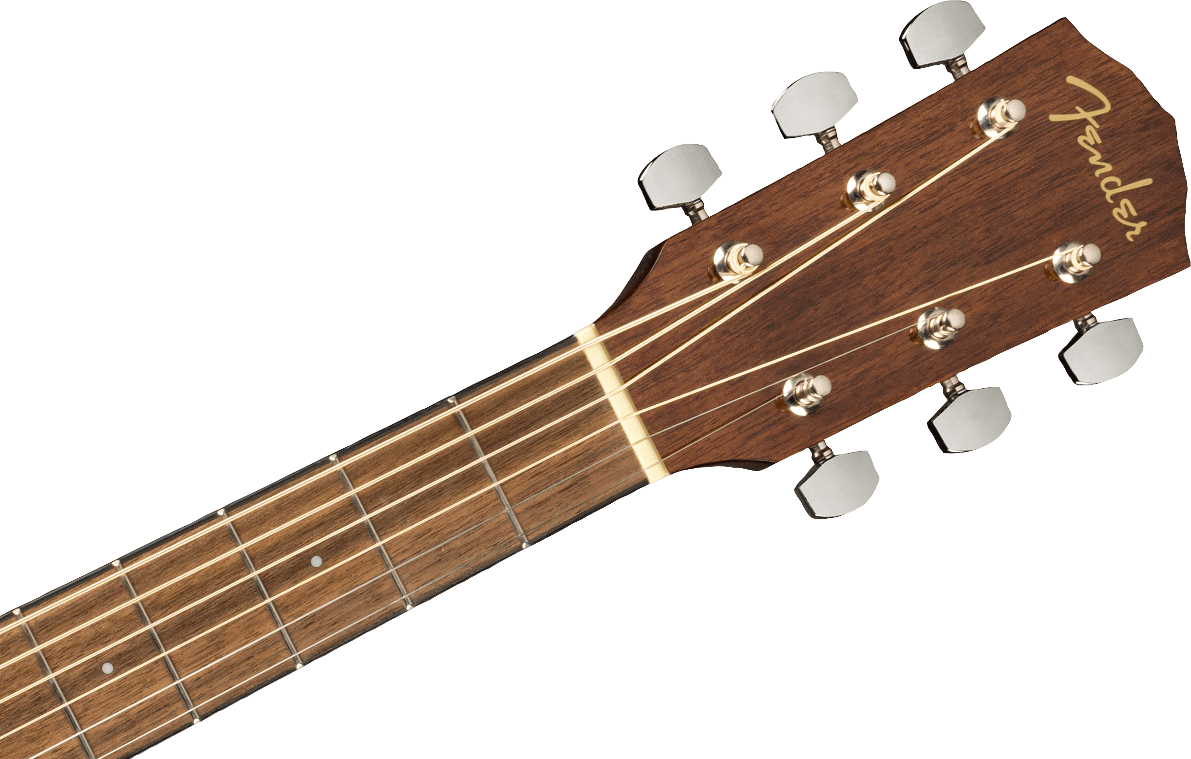 Manche et tête de guitare acoustique en bois foncé, six cordes, six mécaniques argentées, logo Fender doré sur la tête.