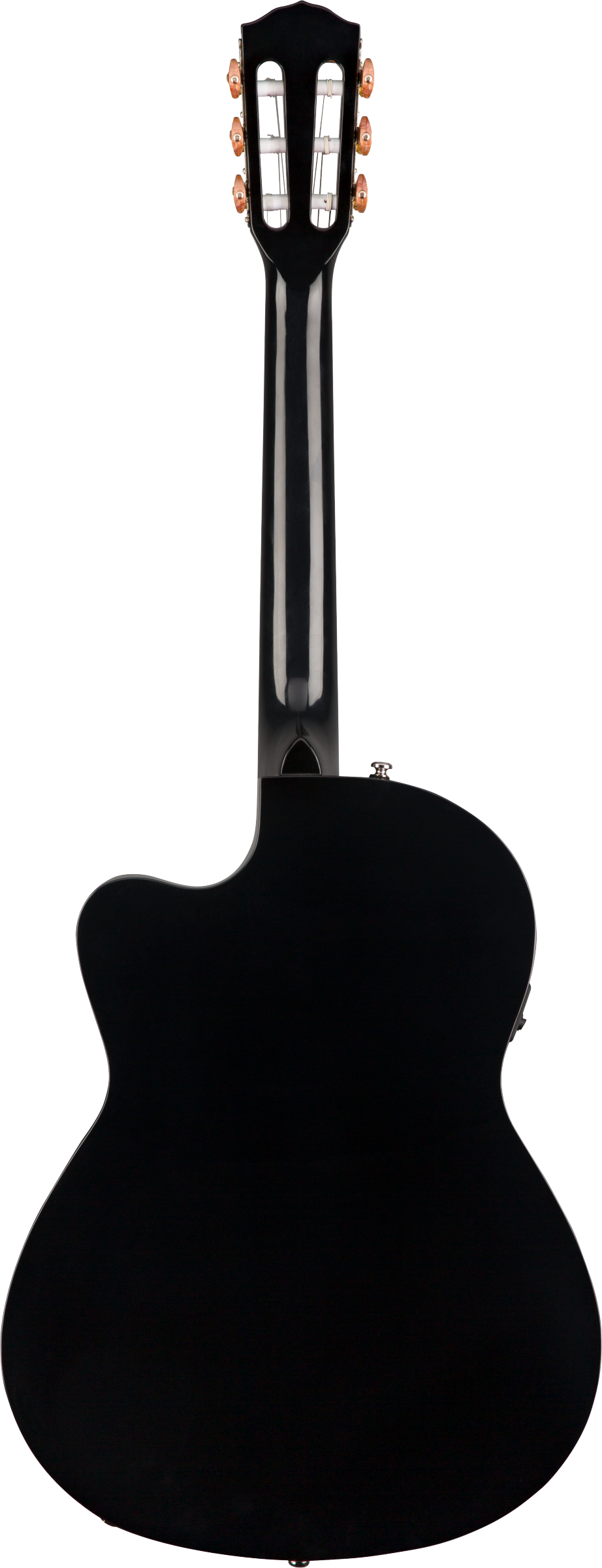 Glossy black classical guitar viewed from the back, with a cutaway body and gold tuning pegs on an open slot headstock.