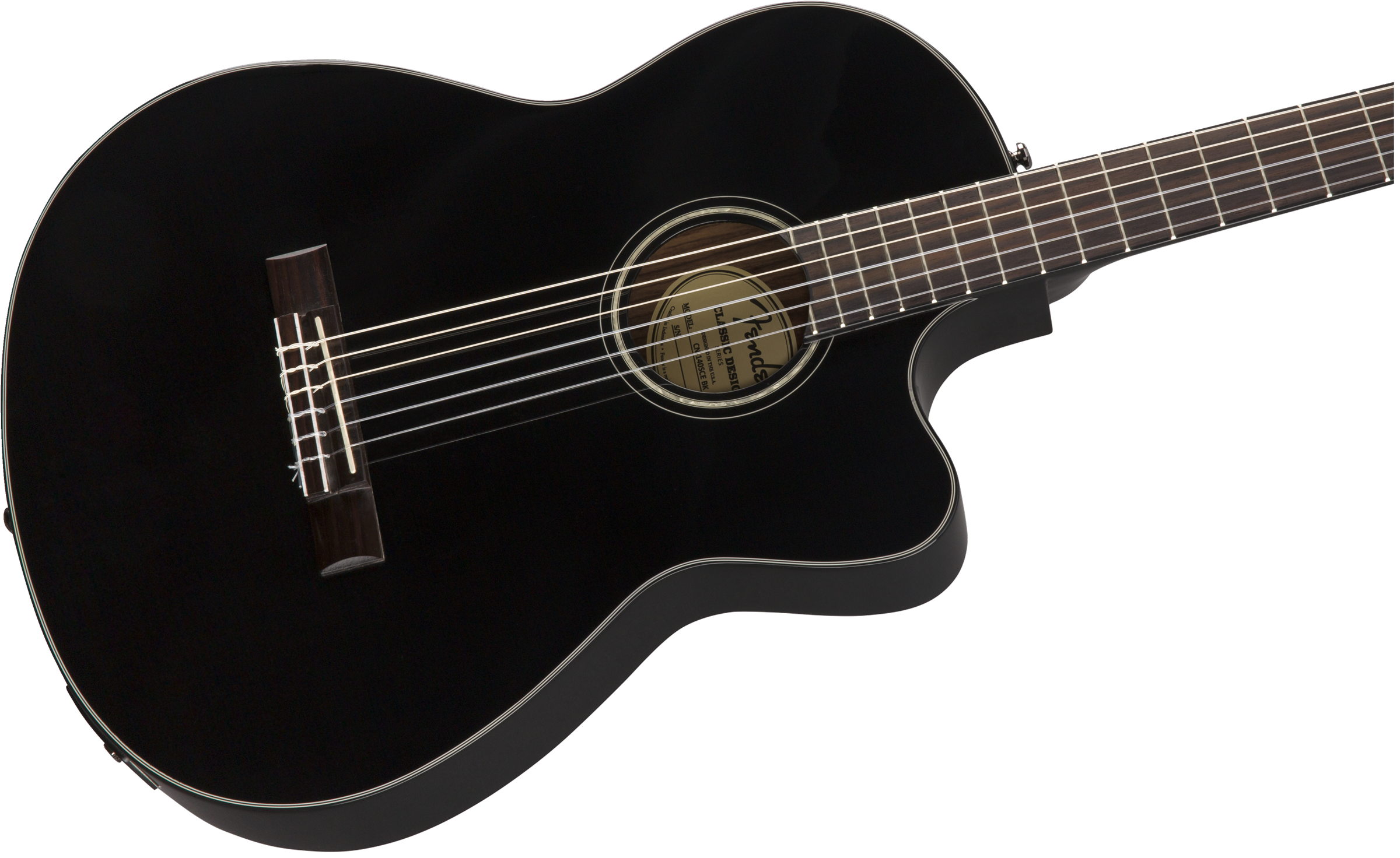 Glossy black classical guitar with a cutaway body, six nylon strings, round sound hole, and dark wooden bridge and fretboard.