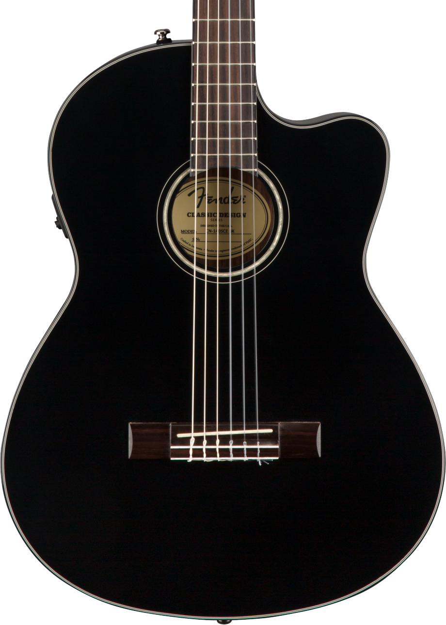 Glossy black classical guitar with nylon strings, a cutaway body, and a round soundhole featuring a visible label inside.