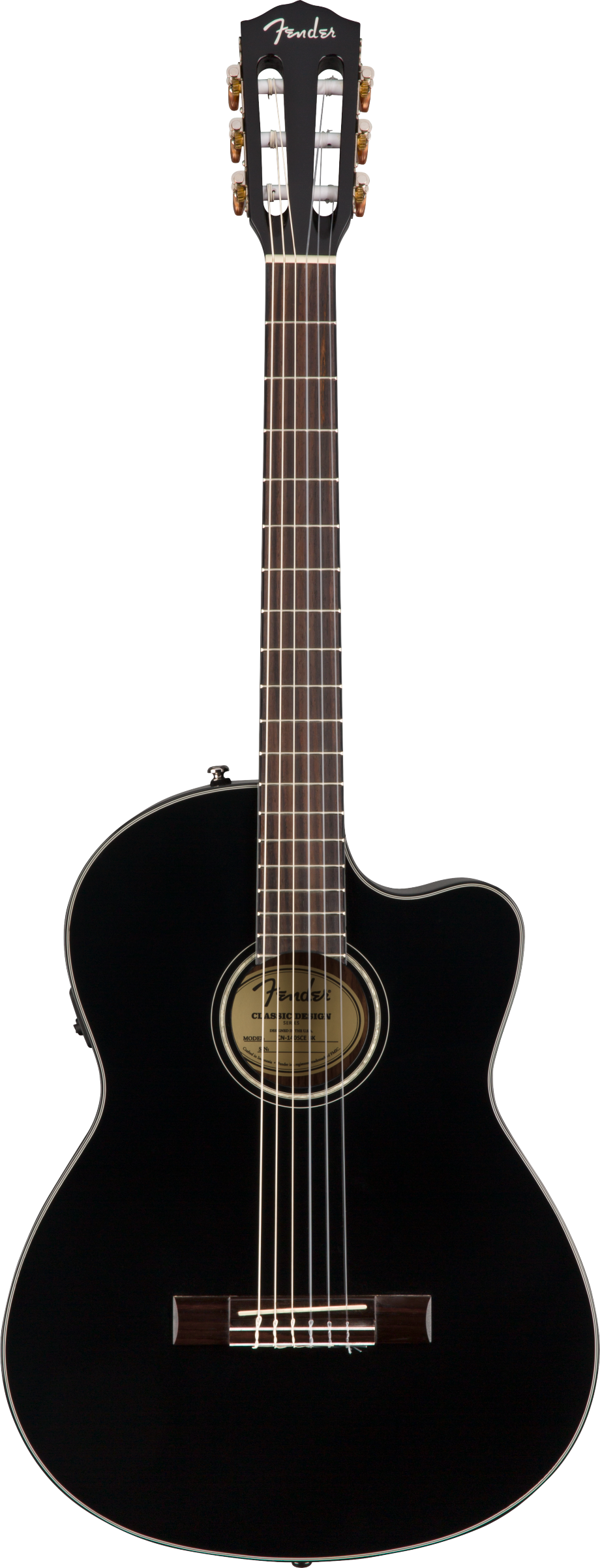 Black classical guitar with nylon strings, a cutaway body, and the Fender logo on the headstock.