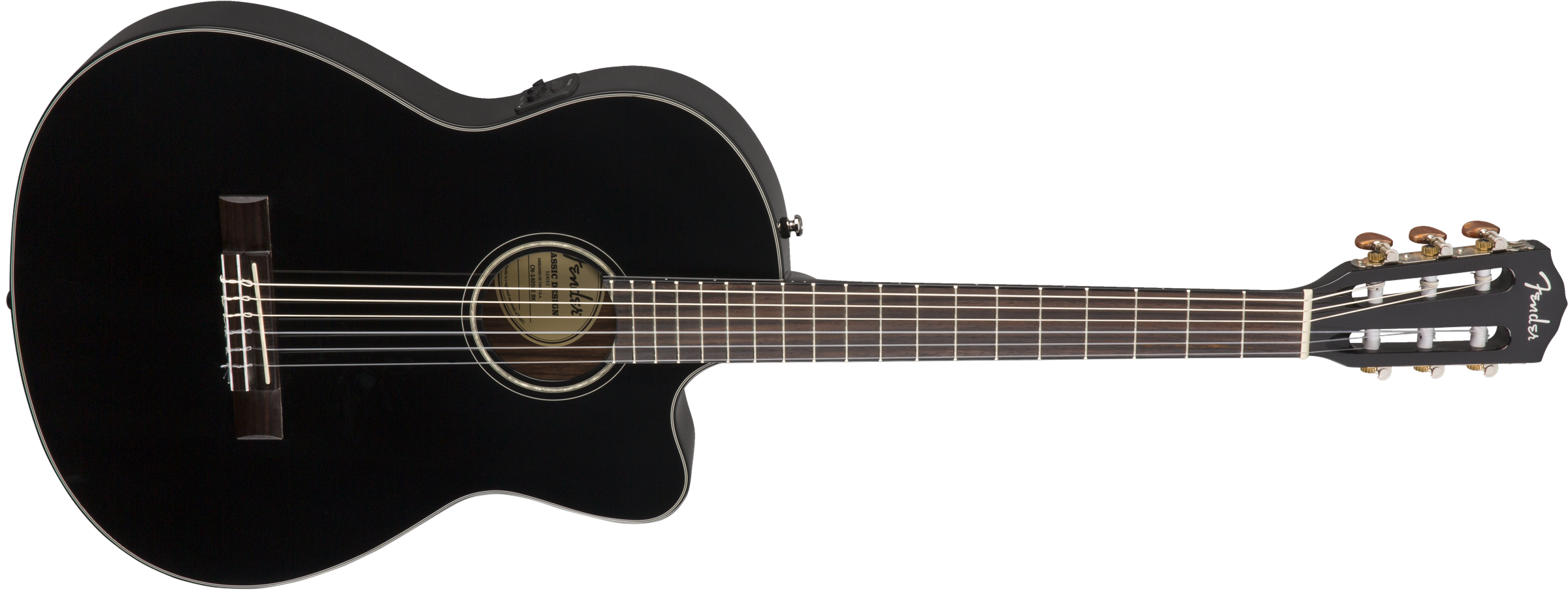 Black classical guitar with a cutaway body, six nylon strings, and the Fender logo on the headstock.