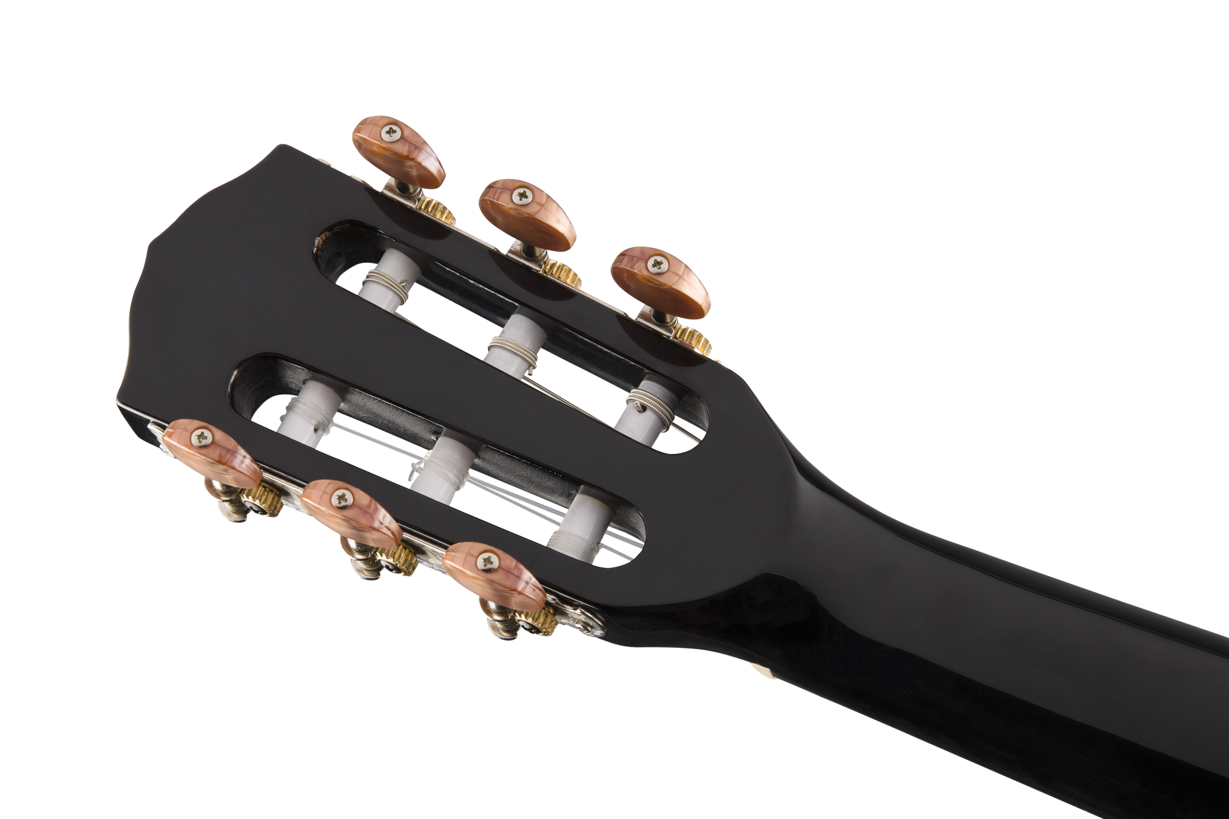 Headstock of a classical guitar with six gold tuning pegs and brown knobs, set against a plain background.