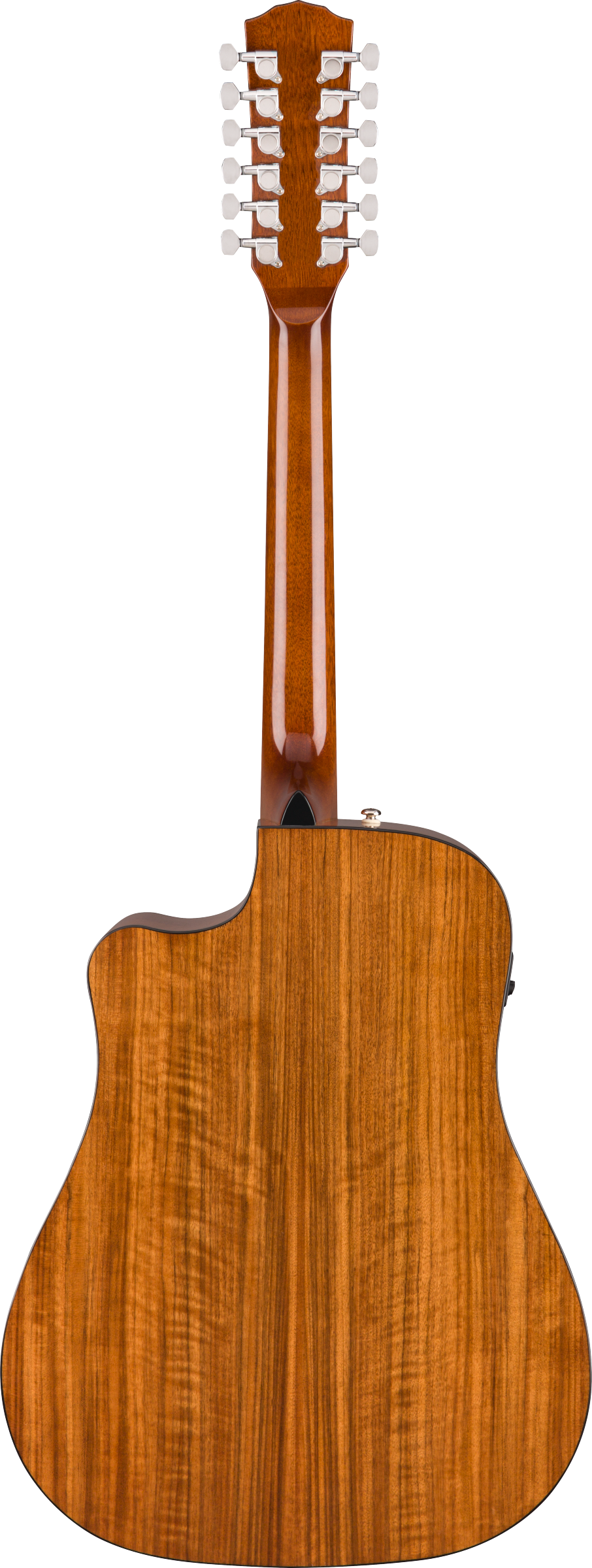 Twelve-string acoustic guitar rear view showing glossy striped wood grain, cutaway body shape, and six pairs of chrome tuning pegs.