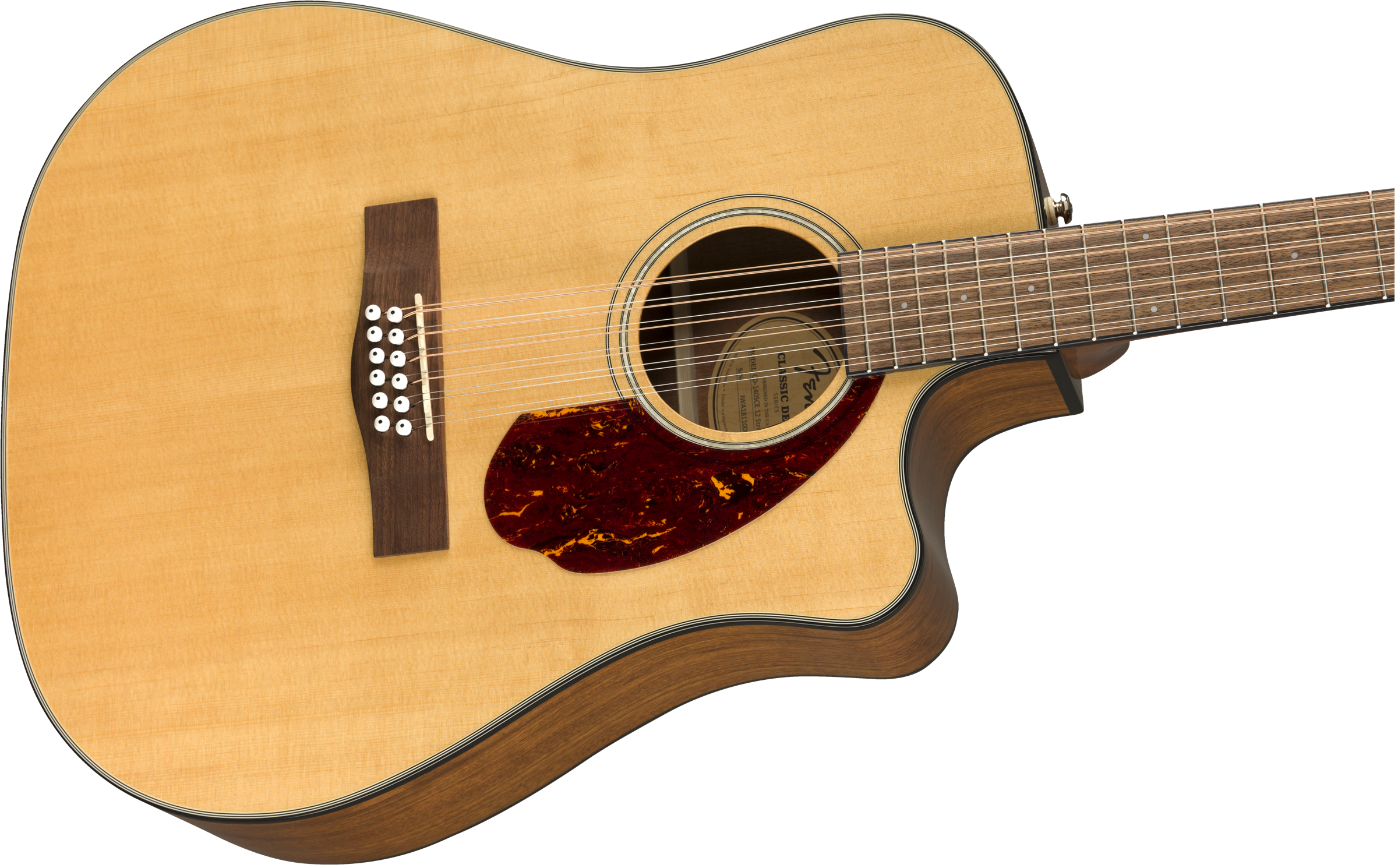 Natural wood finish acoustic guitar with twelve strings, a tortoiseshell pickguard, cutaway body, and a dark wooden bridge with white pins.
