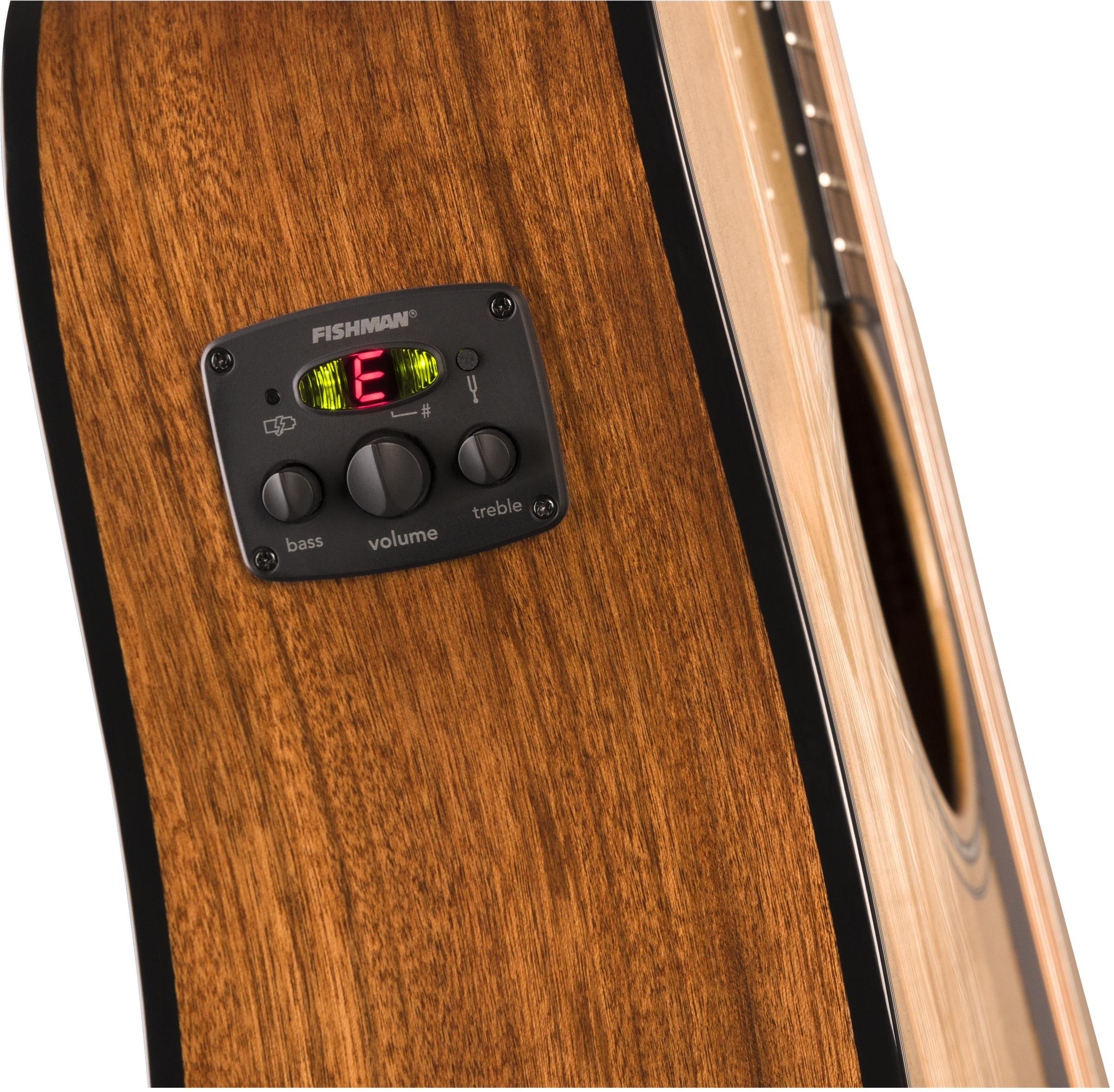Side view of an acoustic guitar showing a built-in Fishman tuner and equalizer panel with controls for bass, volume, and treble.
