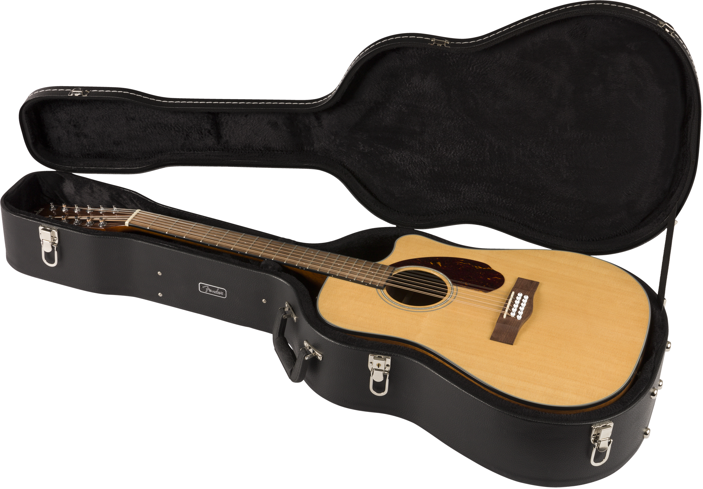 A light wood acoustic guitar with a dark pickguard lies inside an open black hard case with metal latches and soft interior lining.