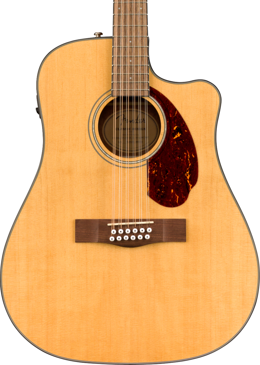 Natural wood finish acoustic guitar with twelve strings, a dark brown pickguard, and a cutaway design for easier access to higher frets.