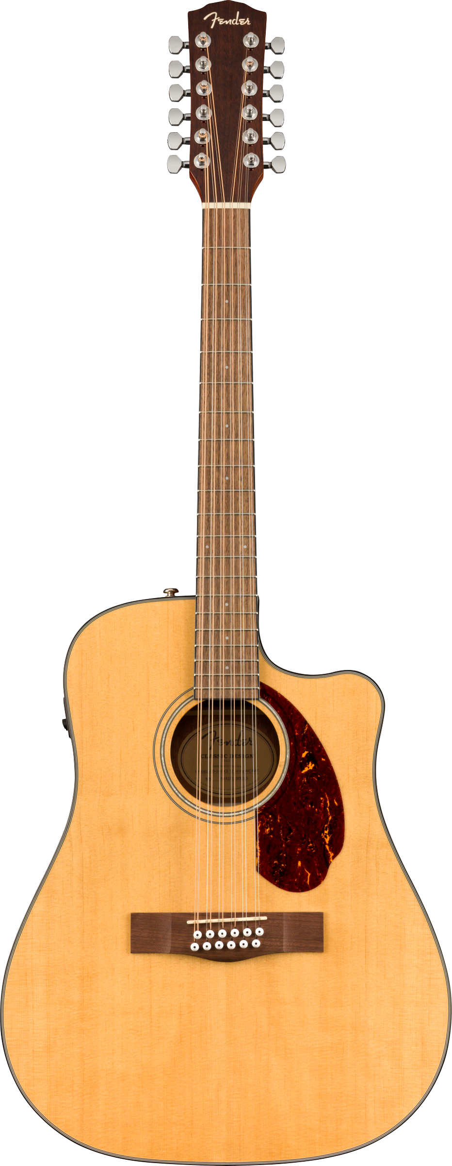 Twelve-string acoustic guitar with natural wood finish, tortoiseshell pickguard, and cutaway body for easier access to higher frets.
