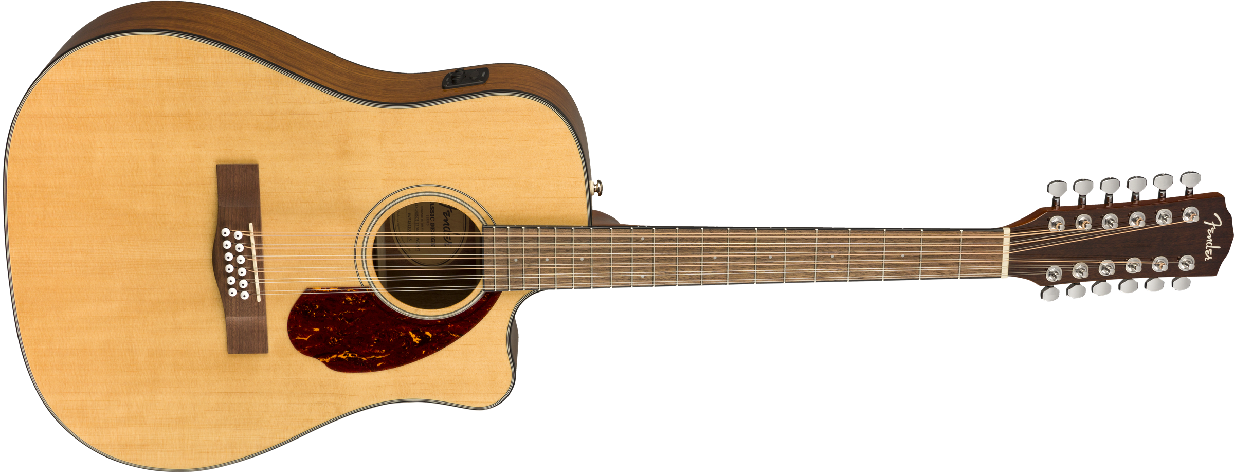 Twelve-string acoustic guitar with a natural wood finish, cutaway body, dark pickguard, and silver tuning pegs.