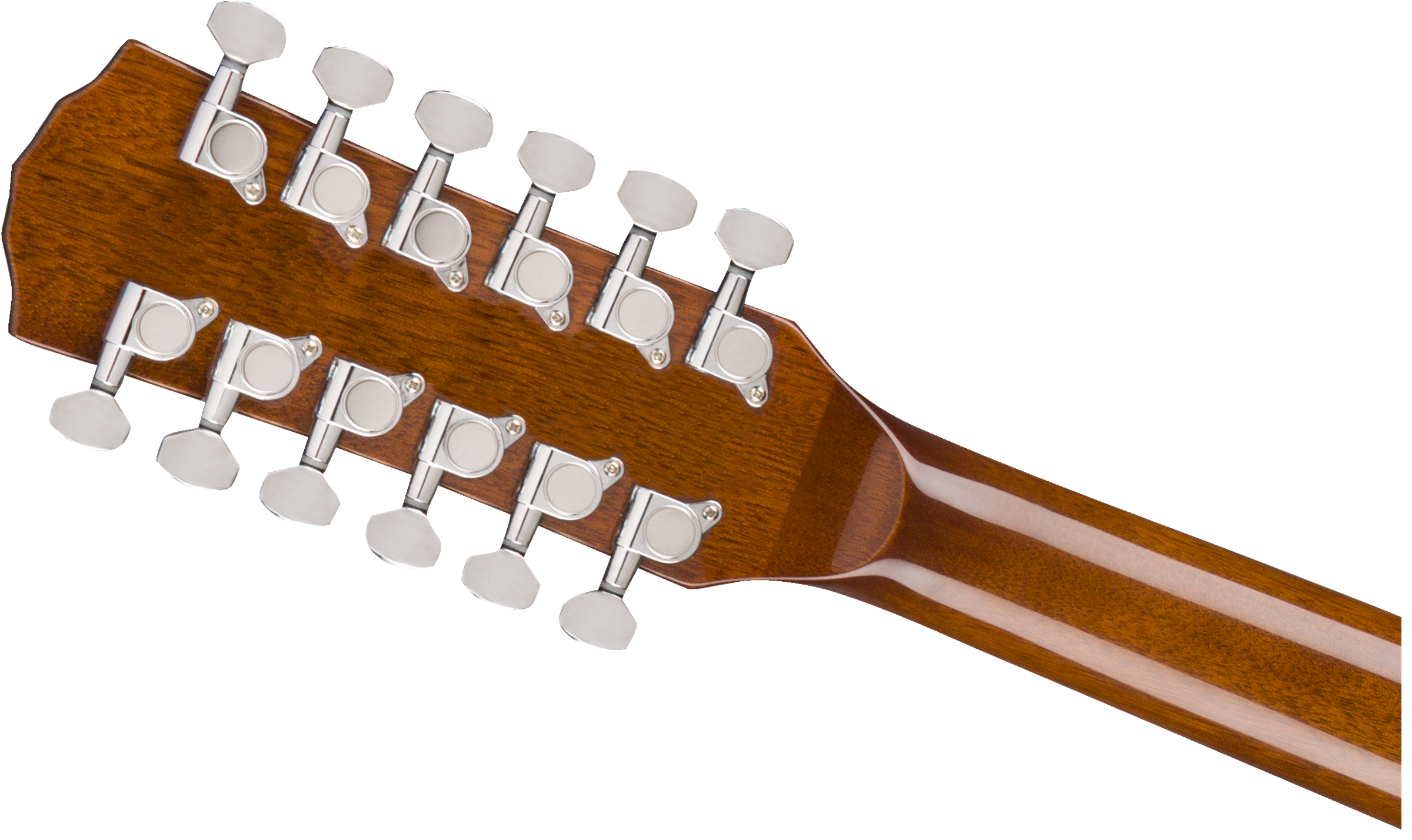 Back of a 12-string acoustic guitar headstock in brown wood, showing twelve chrome tuning pegs in two rows and a striped neck.