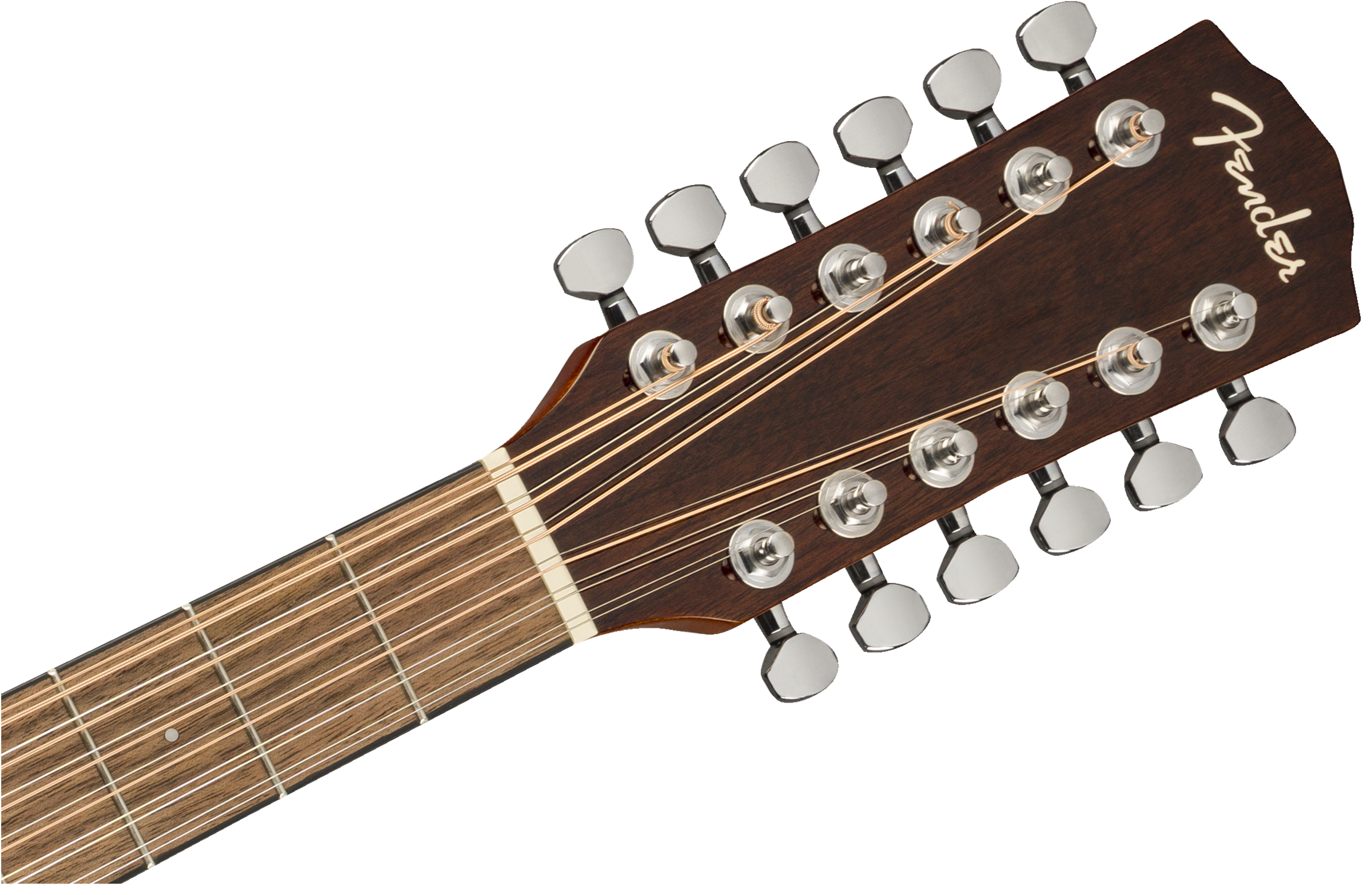 Brown headstock of a 12-string Fender acoustic guitar with six pairs of metal tuning pegs and the Fender logo in white script.