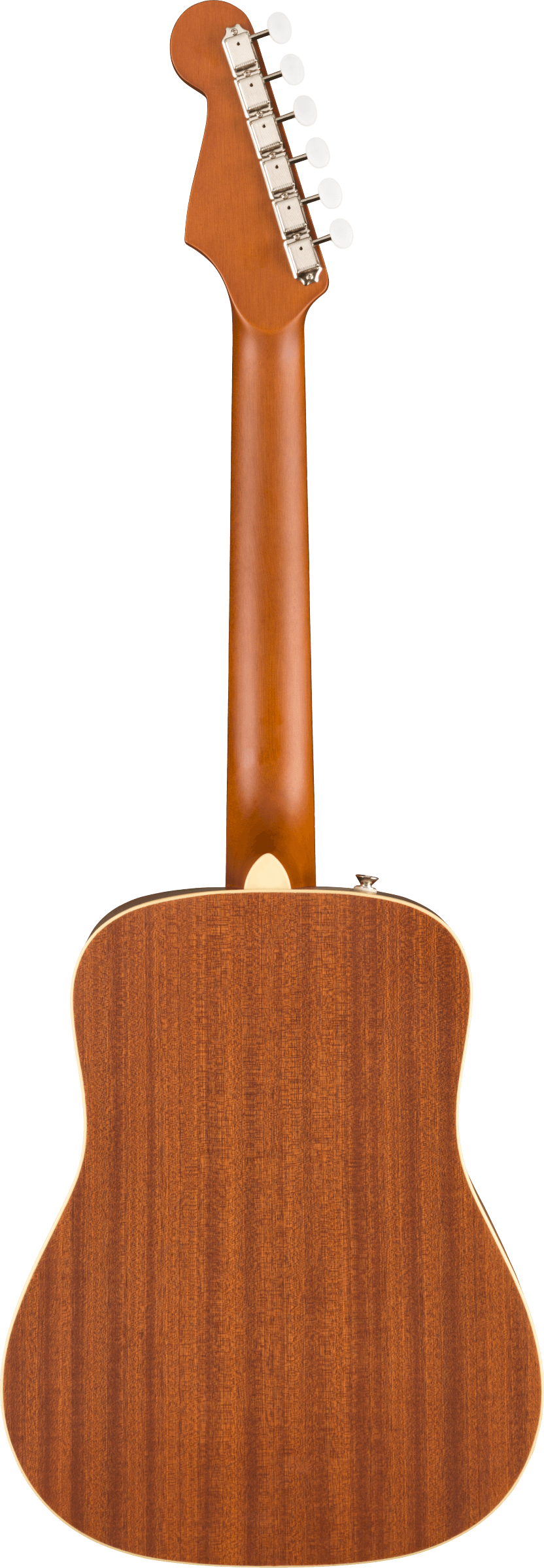Mahogany acoustic guitar shown from the back, revealing a smooth wood grain body and neck with six tuning pegs on a uniquely shaped headstock.