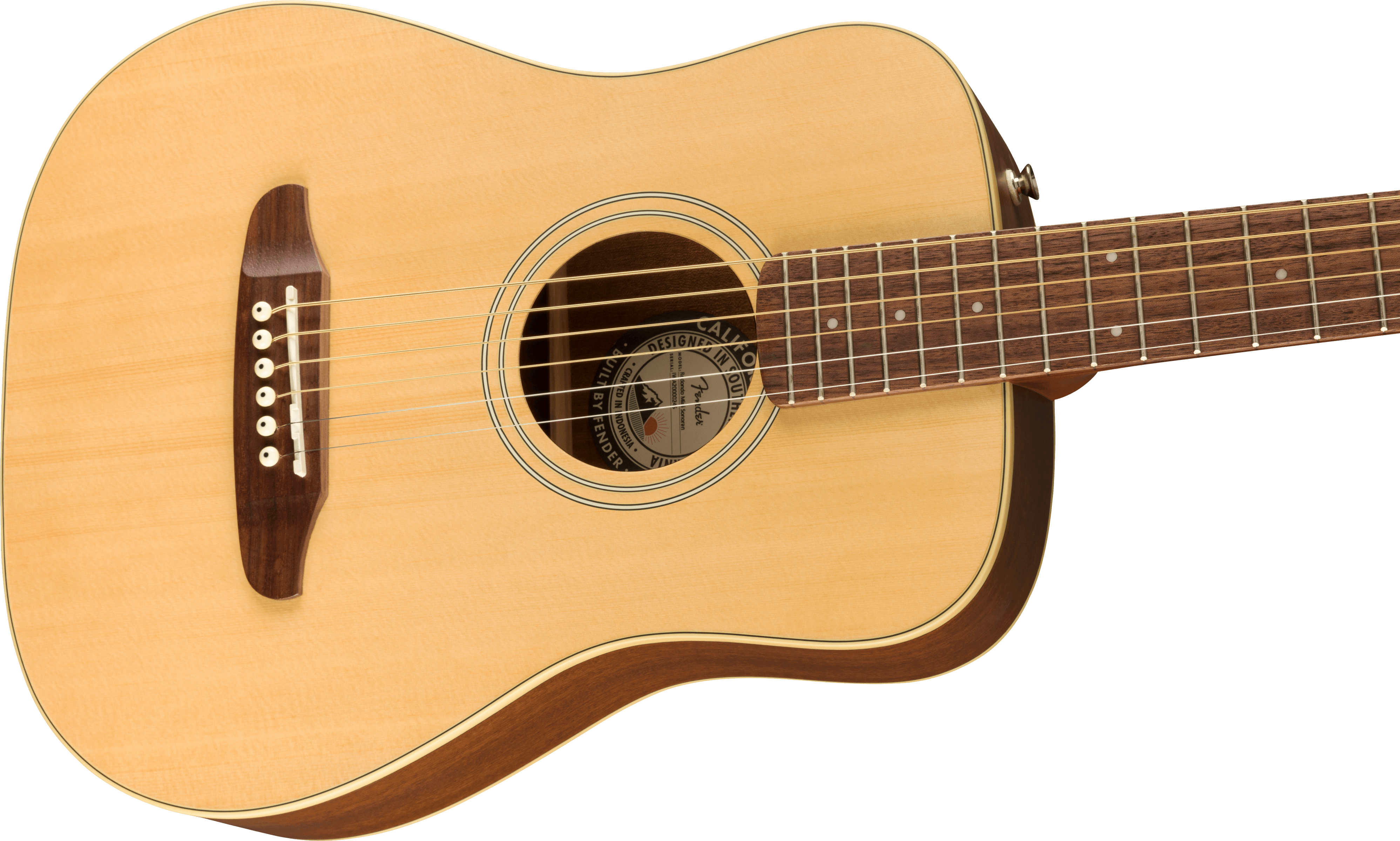 Light wood acoustic guitar with a dark wood bridge and fretboard, six strings, and a round sound hole with a decorative ring around it.
