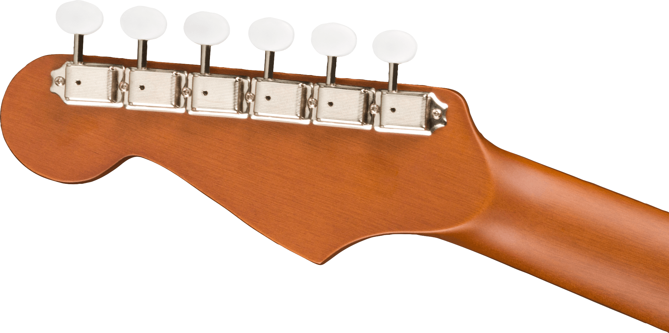 Six metal tuning pegs with white knobs are aligned on a light brown acoustic guitar headstock.