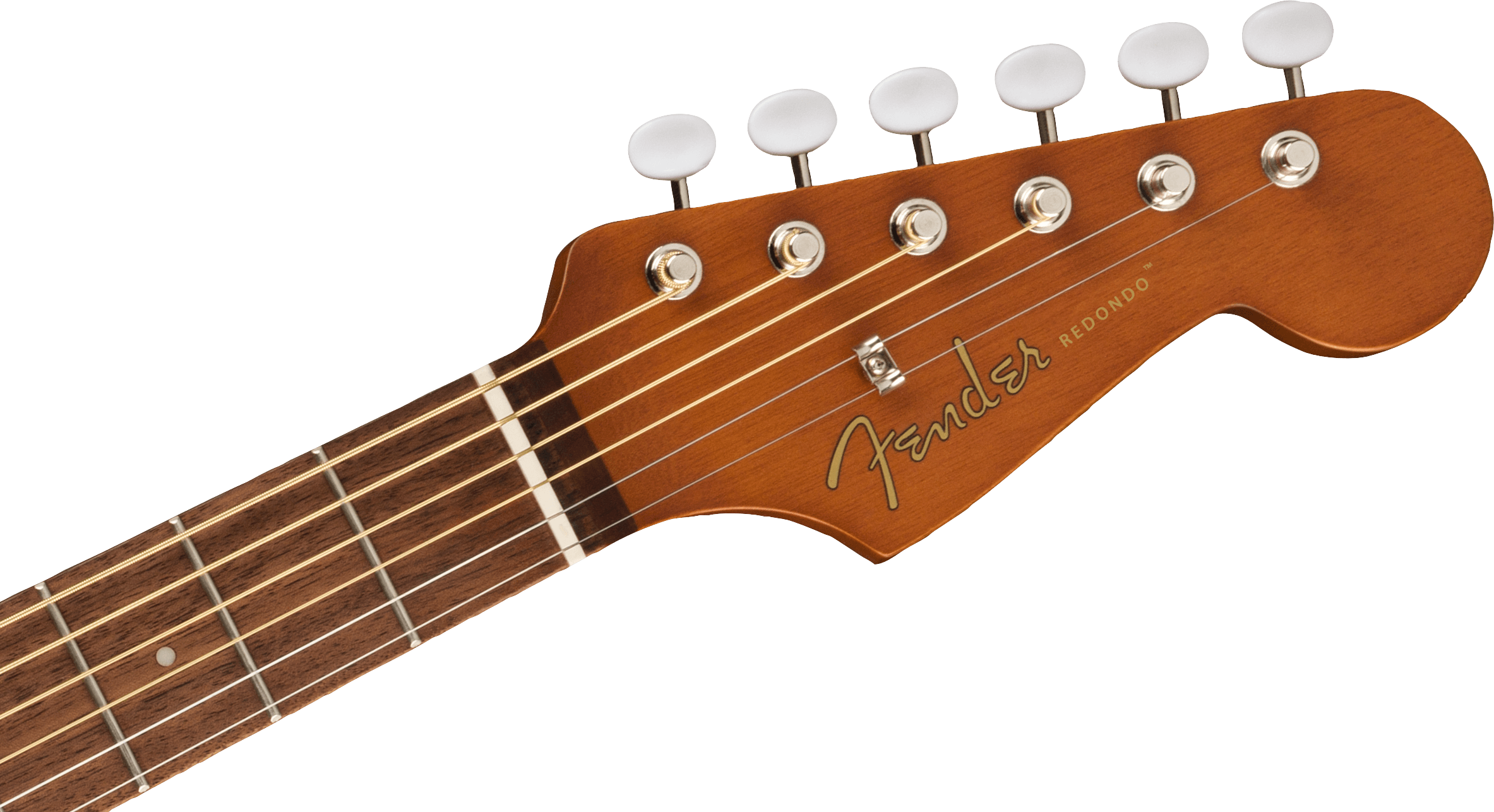 Light brown acoustic guitar headstock with six white tuning pegs, gold "Fender Redondo" lettering, and visible fretboard.