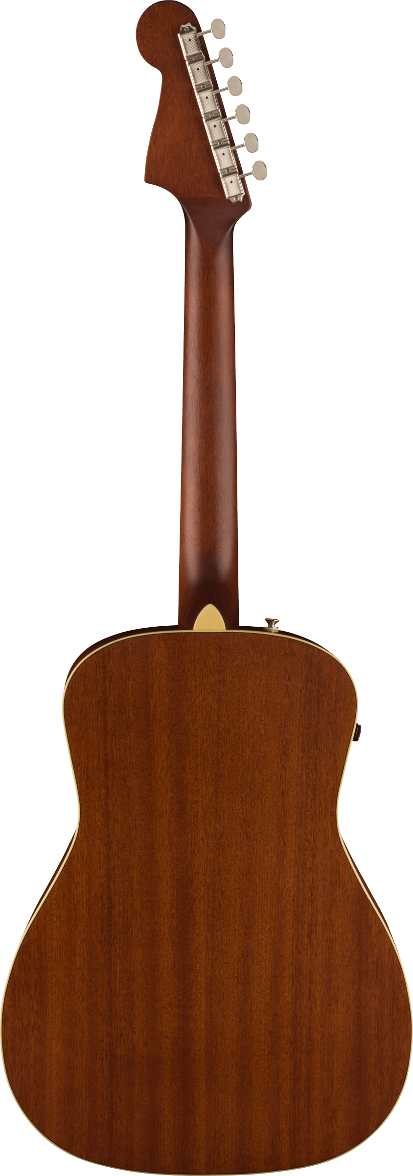 Rear view of an acoustic guitar showing a smooth mahogany wood finish, cream binding, and six metal tuning pegs on the angled headstock.