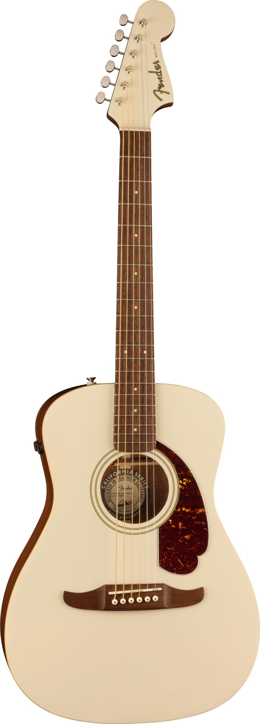 Cream-colored Fender acoustic guitar with a classic round sound hole, tortoiseshell pickguard, and six steel strings. Strat-style headstock.
