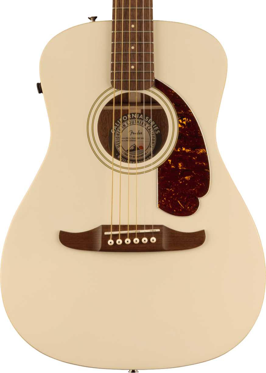 Cream-colored acoustic guitar body with a dark wood bridge, six white bridge pins, circular soundhole, and tortoiseshell pickguard.