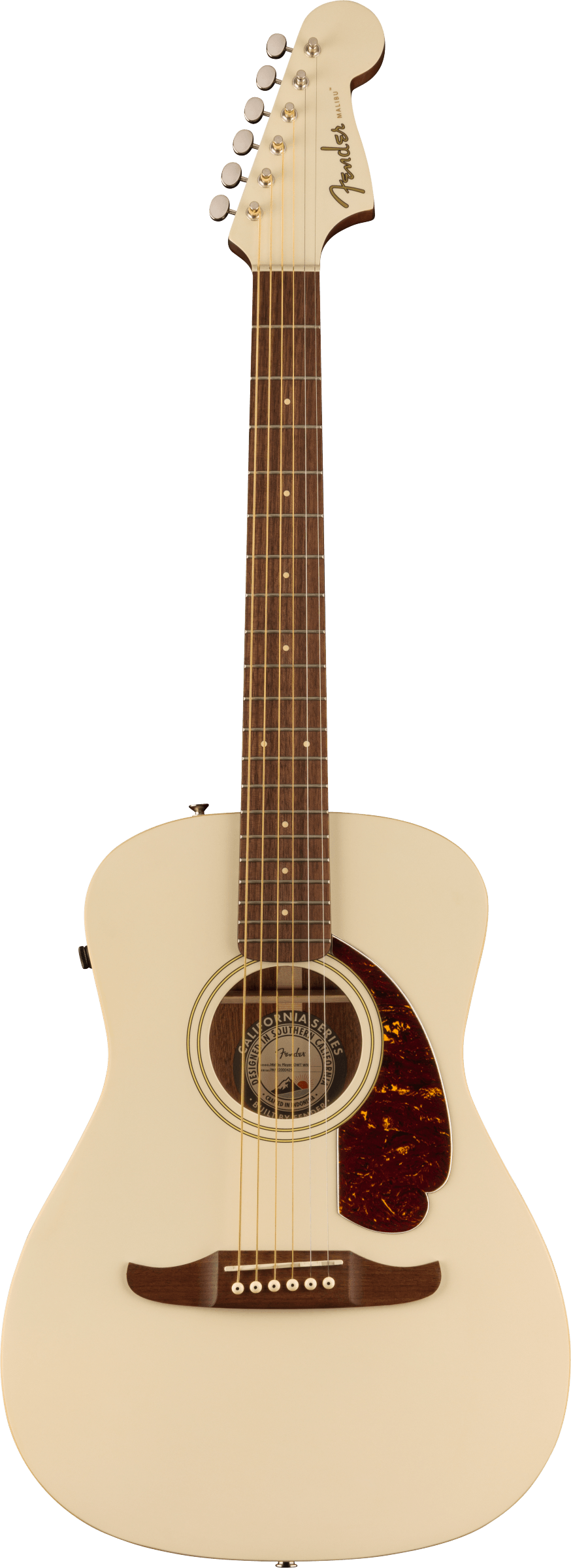 Cream-colored Fender acoustic guitar with six strings, dark wood fretboard, tortoiseshell pickguard, and offset headstock featuring tuning pegs.