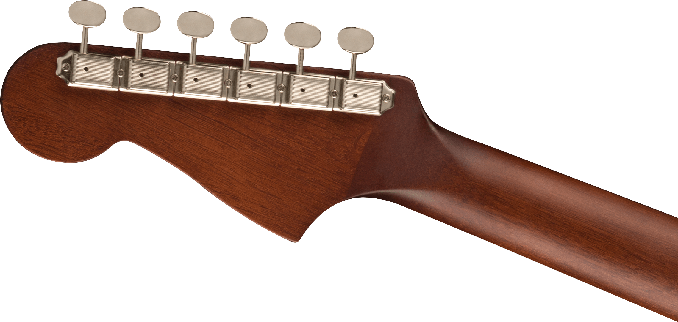 Six chrome tuning pegs line the back of a smooth, brown acoustic guitar headstock and neck, showing wood grain and classic vintage-style tuners.