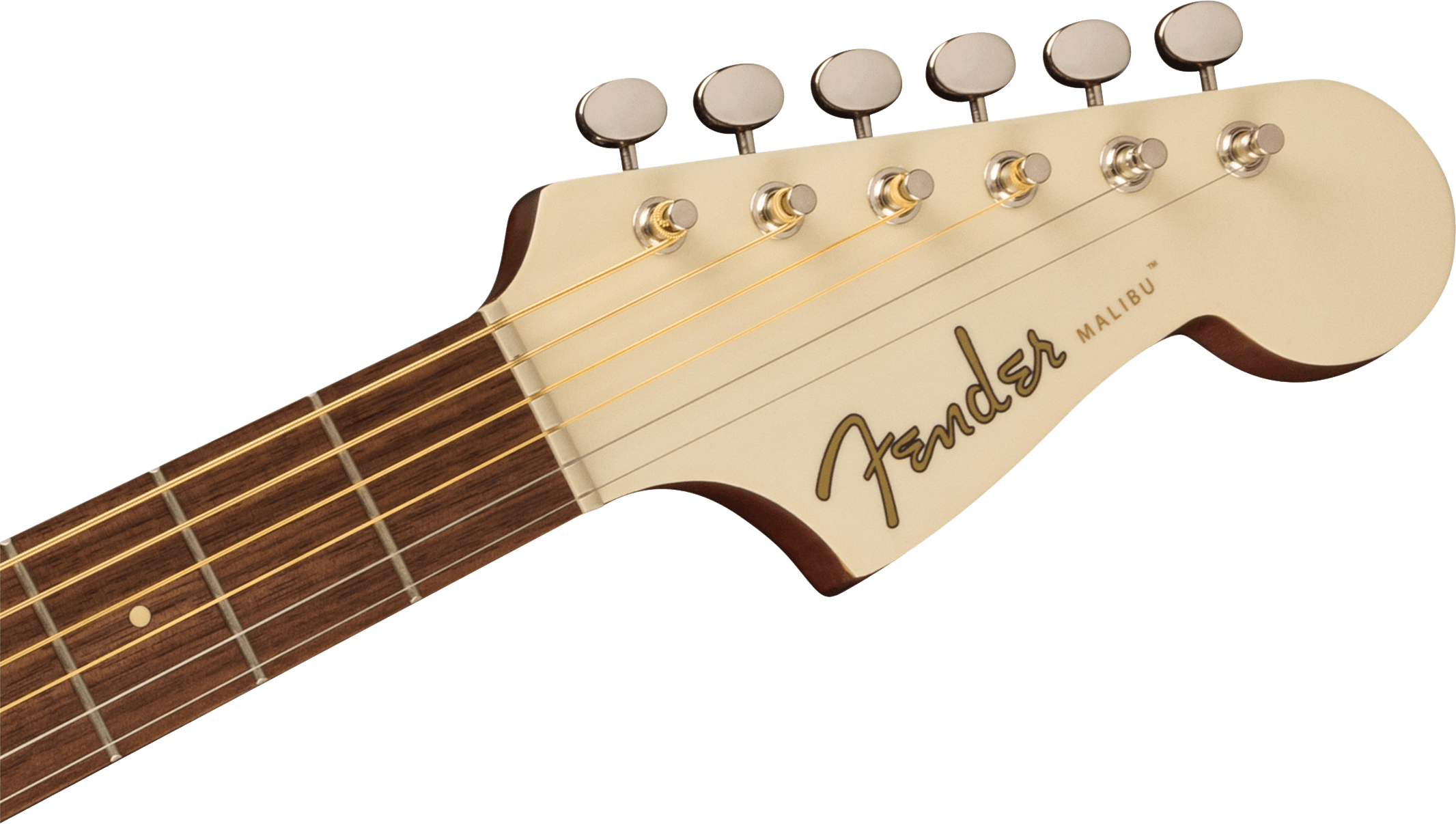Close-up of a Fender Malibu acoustic guitar headstock with six tuning pegs and gold strings, logo and model name visible on cream-colored surface.