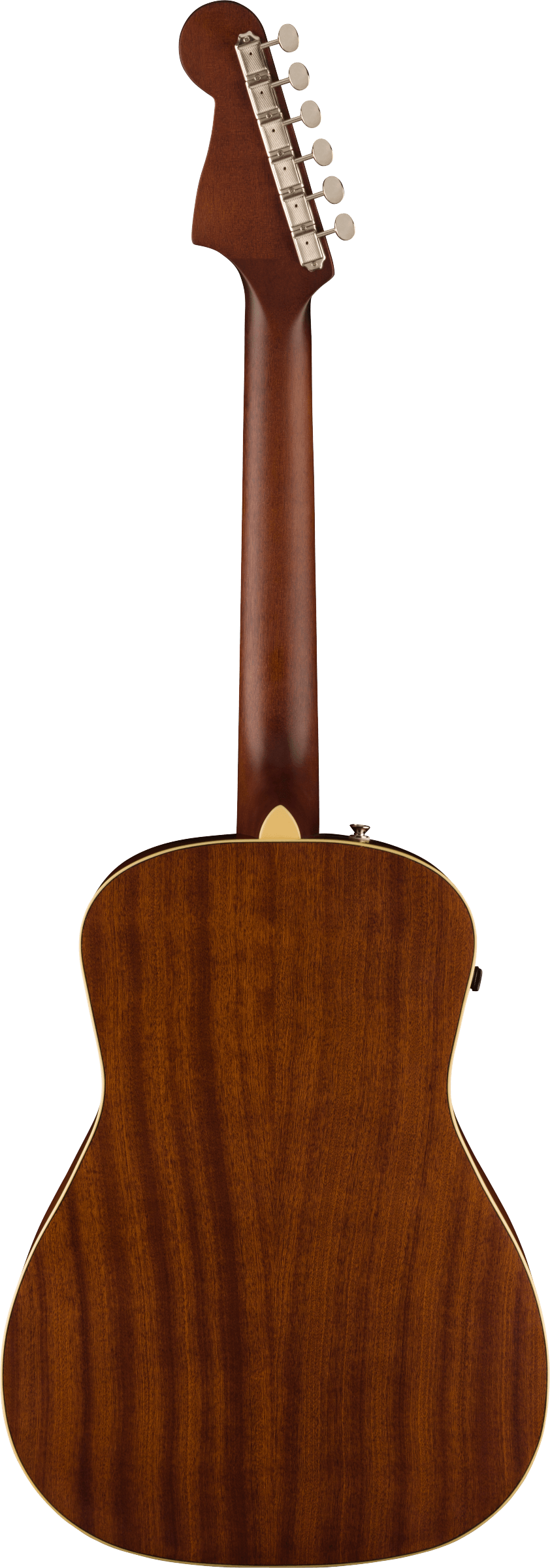 Back view of an acoustic guitar with a dark brown wood finish, six metallic tuning pegs, and cream body binding.