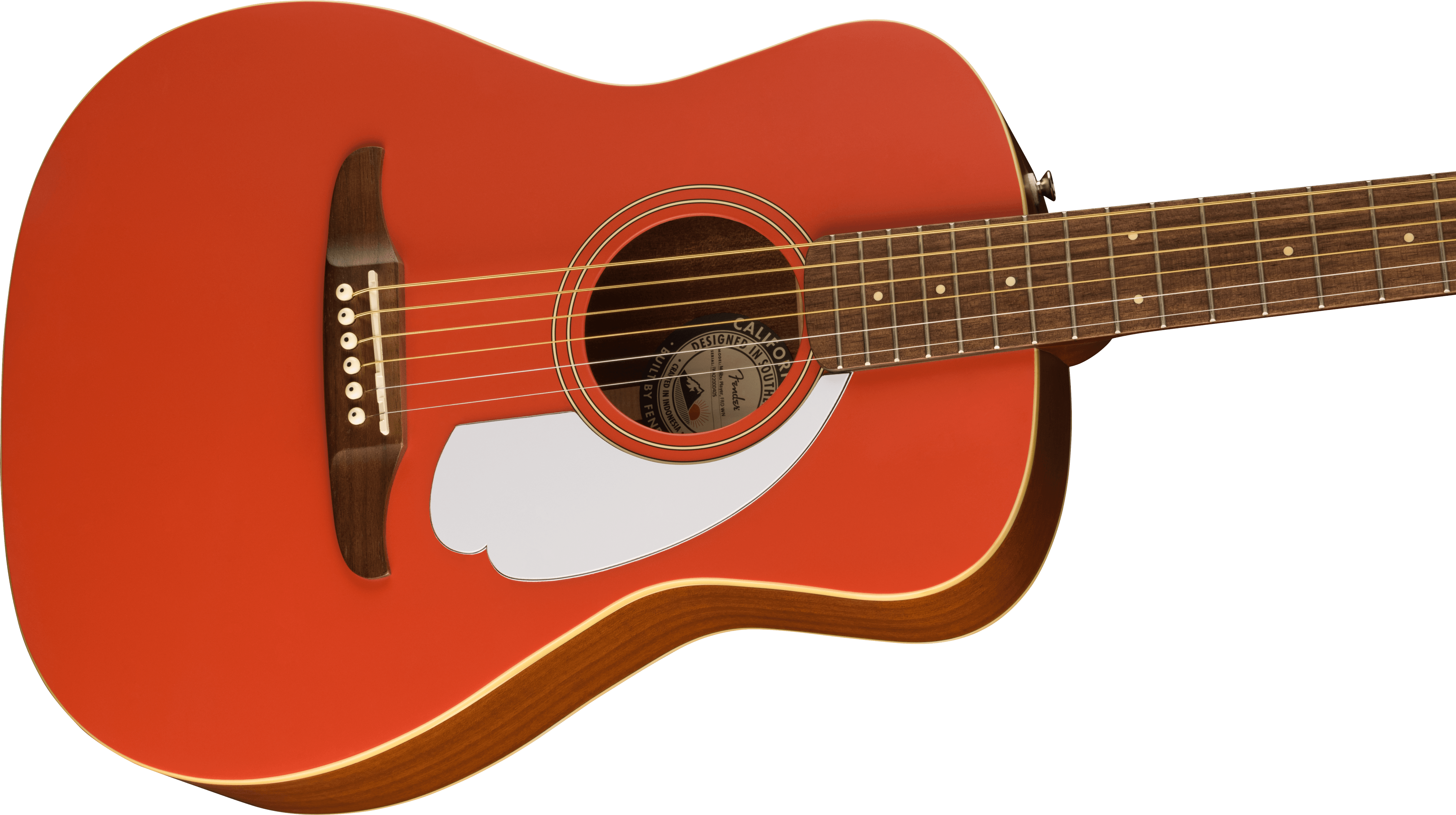 Bright red acoustic guitar with a white pickguard shaped like a wing, wood bridge, and circular soundhole with label visible inside.