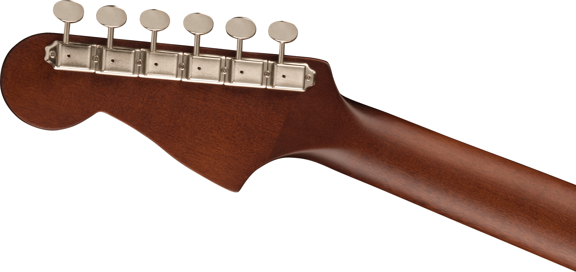 Six silver tuning pegs line the dark wooden headstock and neck of an acoustic guitar, viewed from the back.
