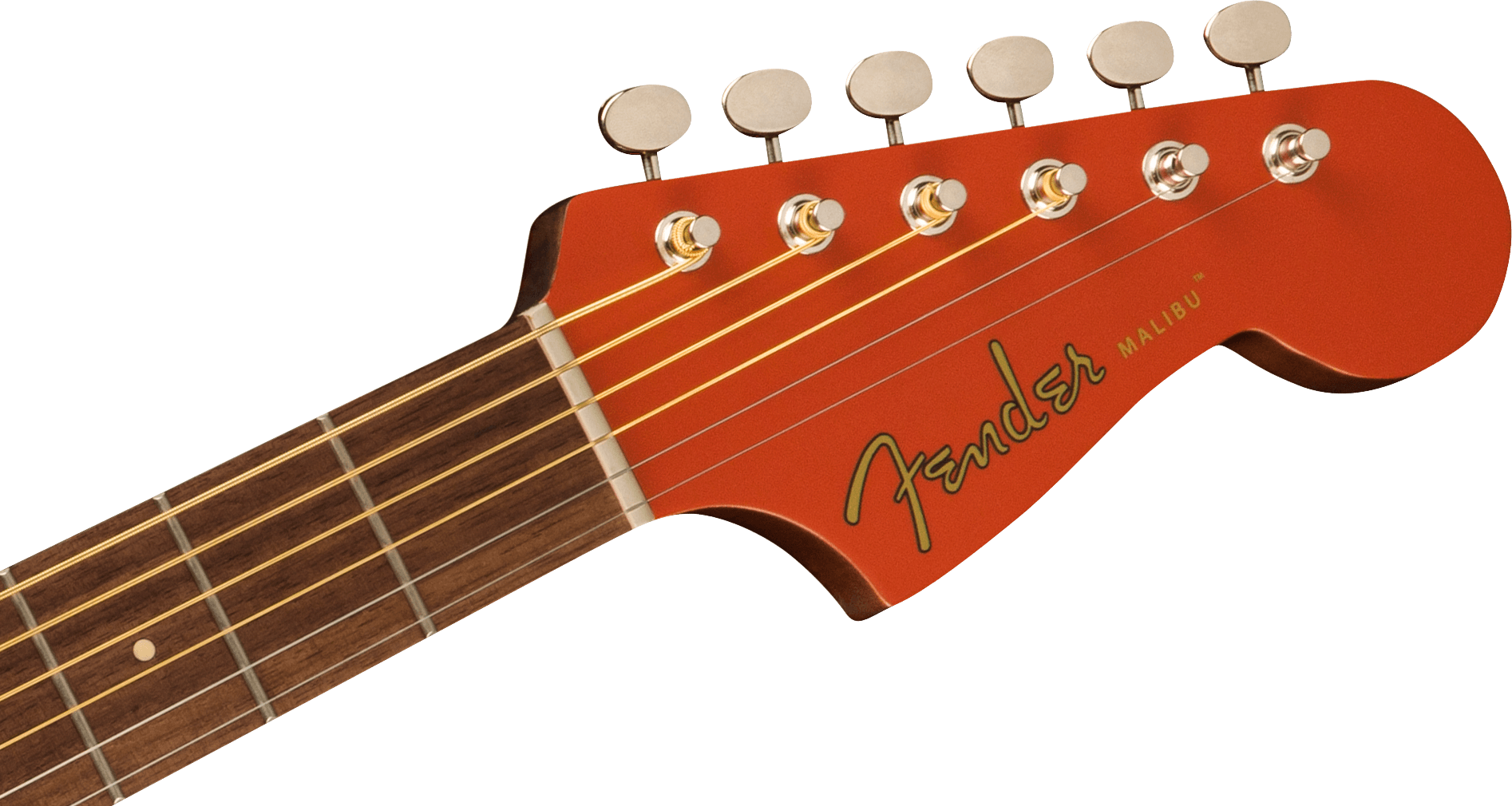 Orange headstock of a Fender Malibu acoustic guitar with six tuning pegs and gold Fender logo, attached to a dark wooden fretboard.
