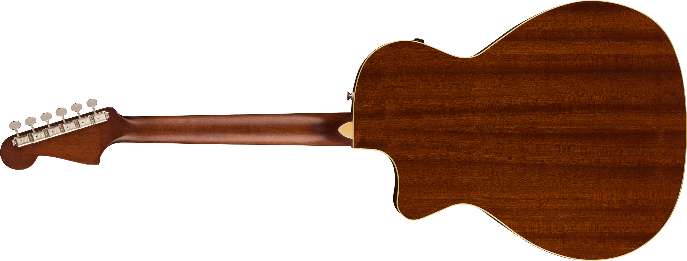 Back of an acoustic guitar showing dark brown wood grain, six tuning pegs on the headstock, and cream binding around the guitar body.
