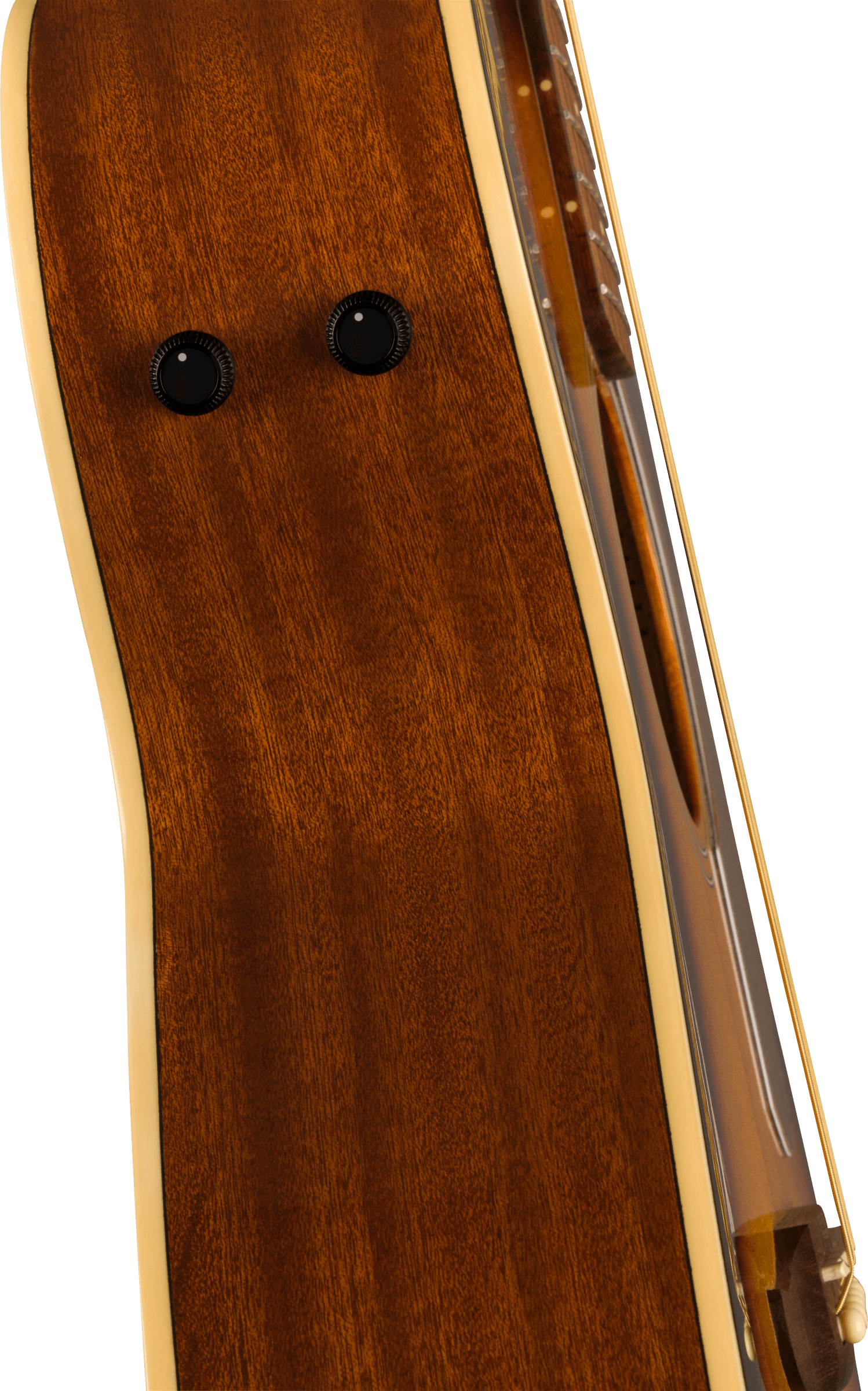 Glossy brown acoustic guitar side with cream binding, two black control knobs, and part of the neck and fingerboard visible on the right.